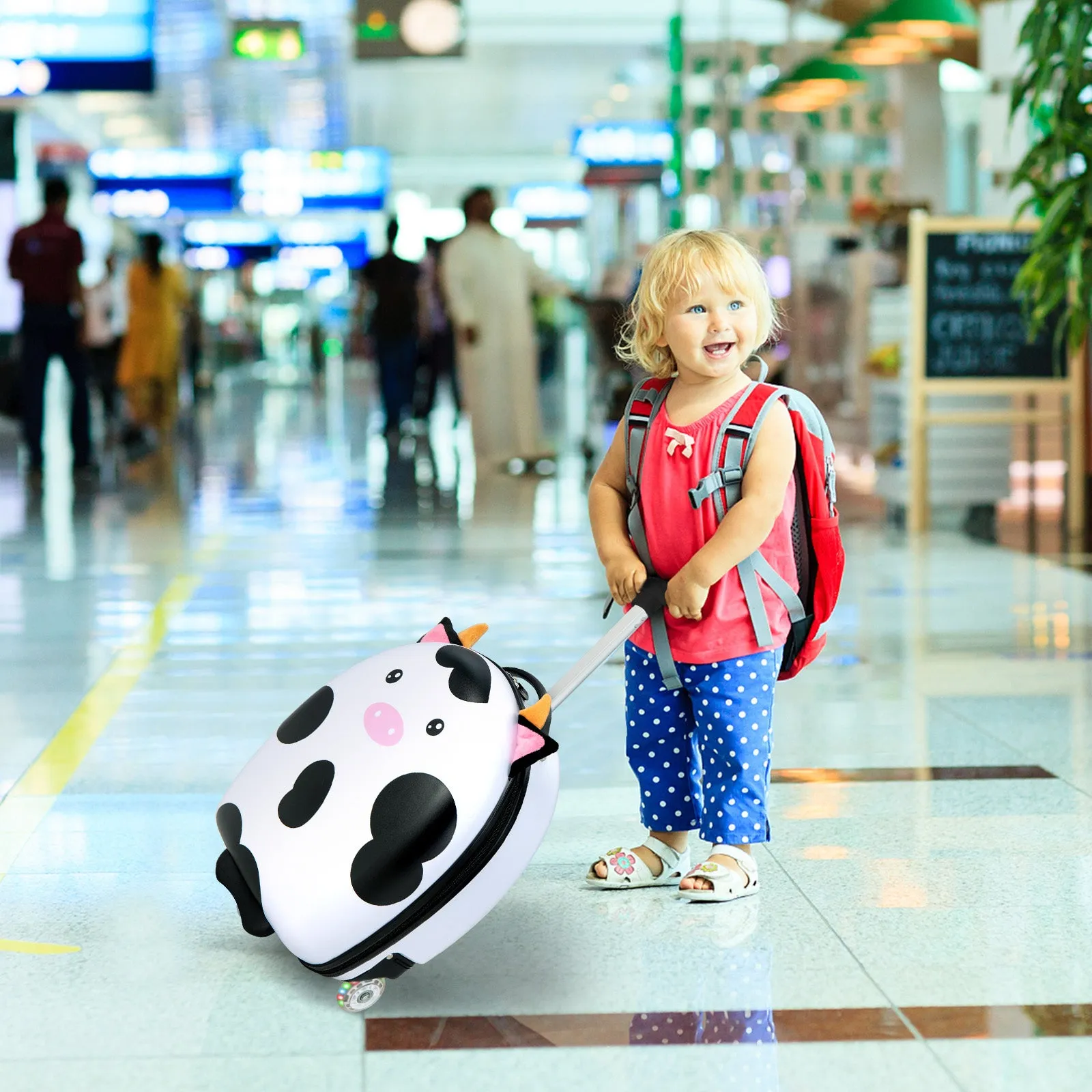 16 Inch Kids Luggage with Light-up Wheels and Telescopic Handle-White Cow