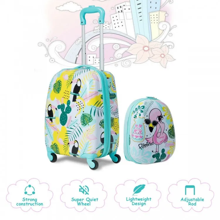 2 Pieces 12 Inch 16 Inch Kids Luggage Set with Backpack and Suitcase - Flamingo