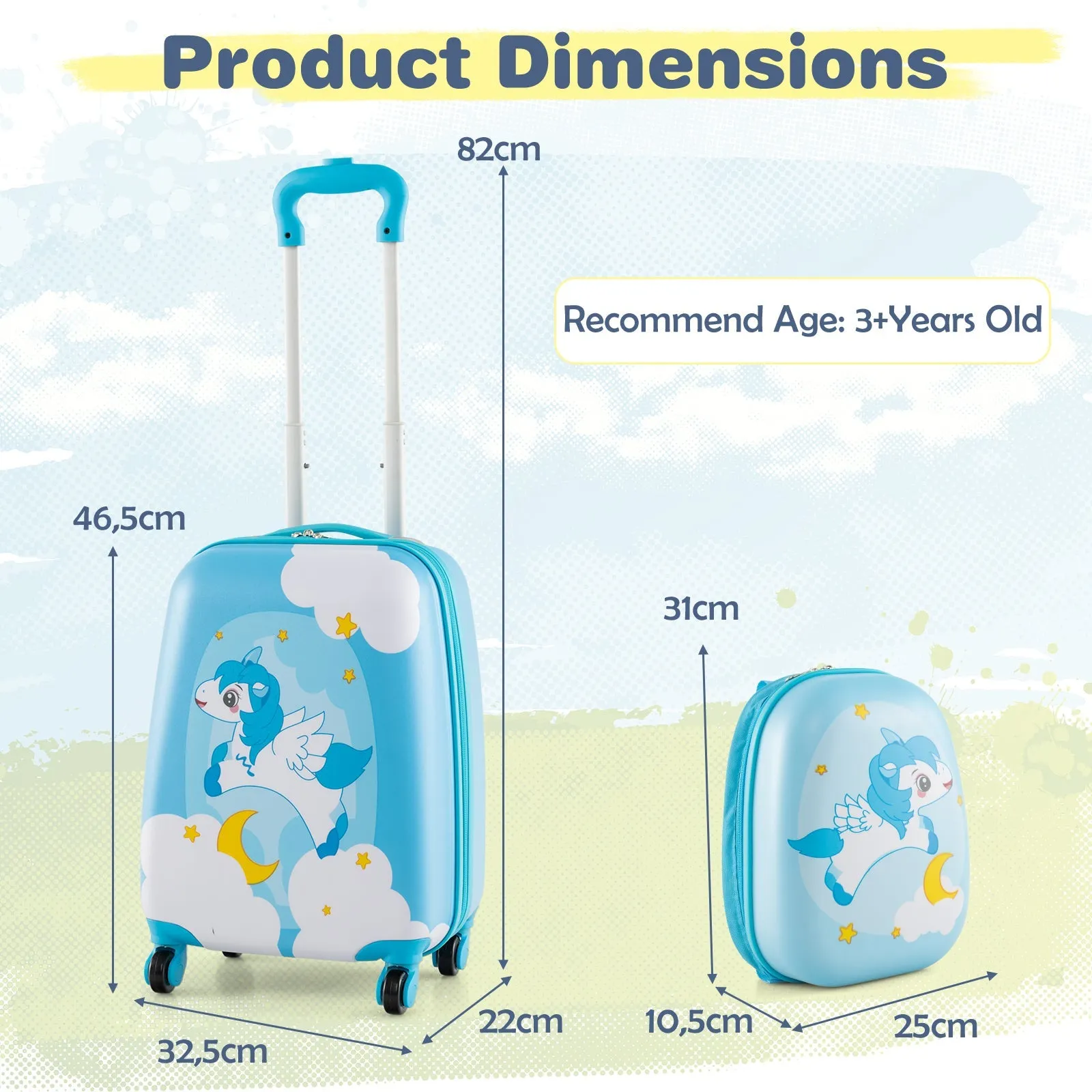 2 Pieces Kids Luggage Set with Wheels and Height Adjustable Handle-Light Blue