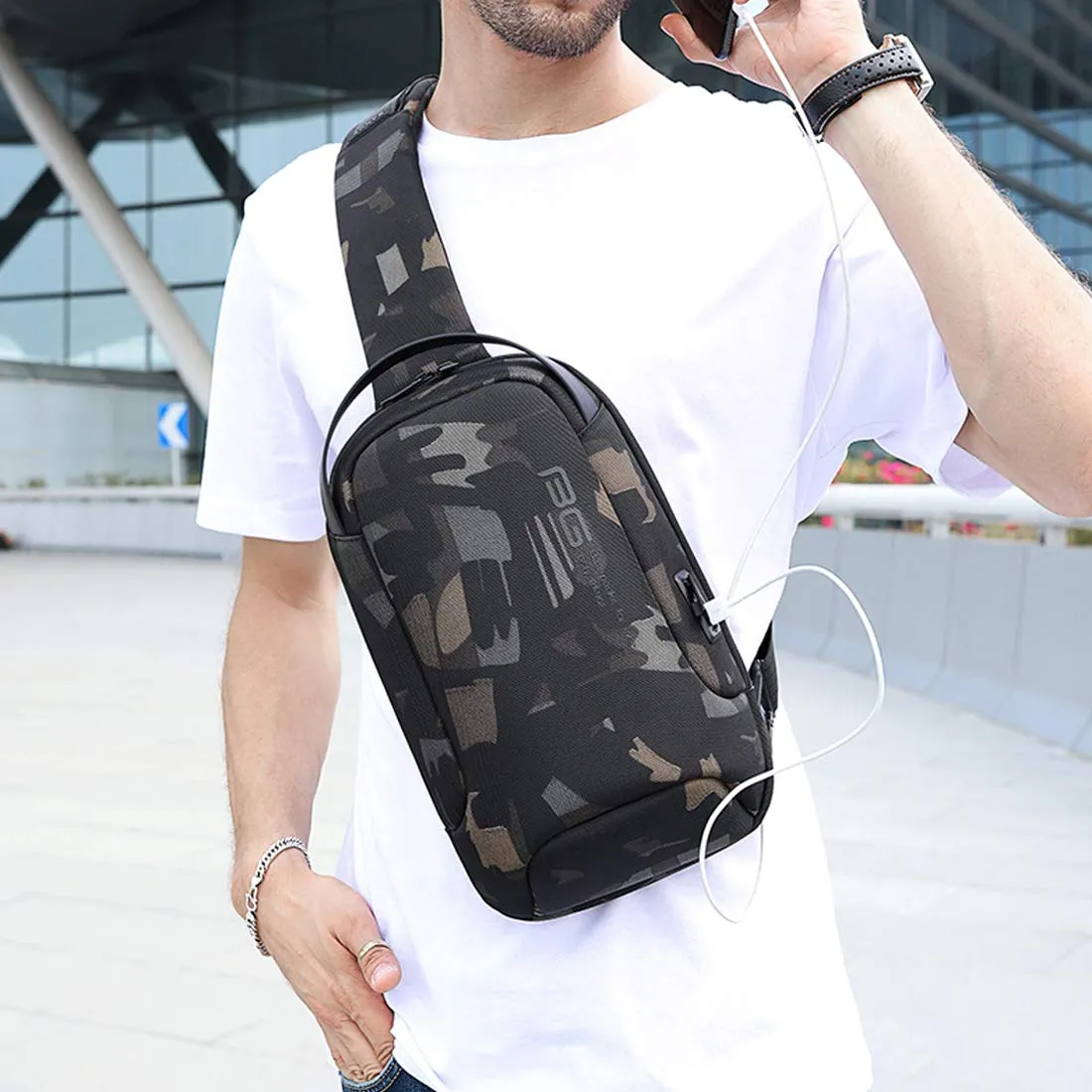 BANGE Unisex Polyester Travel Crossbody Sling Bag Chest Pack with USB Charging (Camouflage)