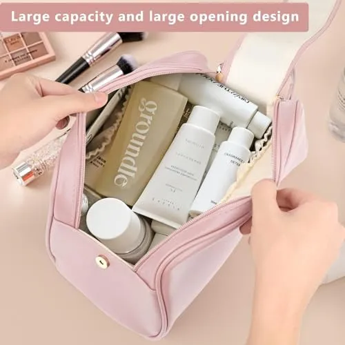 FLYNGO PU Leather Large Makeup Pouch Travel Organizer Cosmetic Bag for Women, Girls Waterproof Makeup Storage Kit (Light Pink)