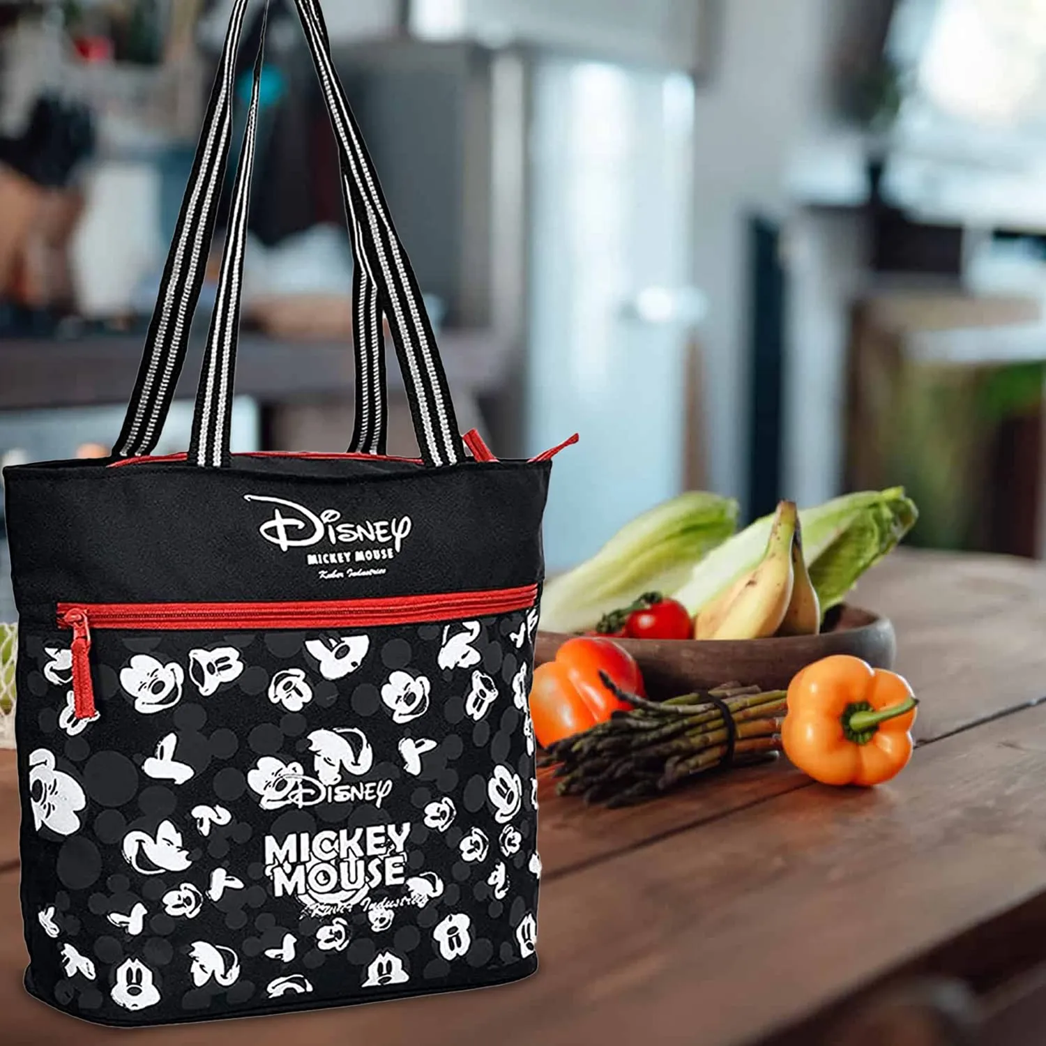 Heart Home Disney Mickey Face Print Grocery Bag | Polyester Foldable Shopping Bag | Travel Hand Bag with Front Pocket & Handle | Black