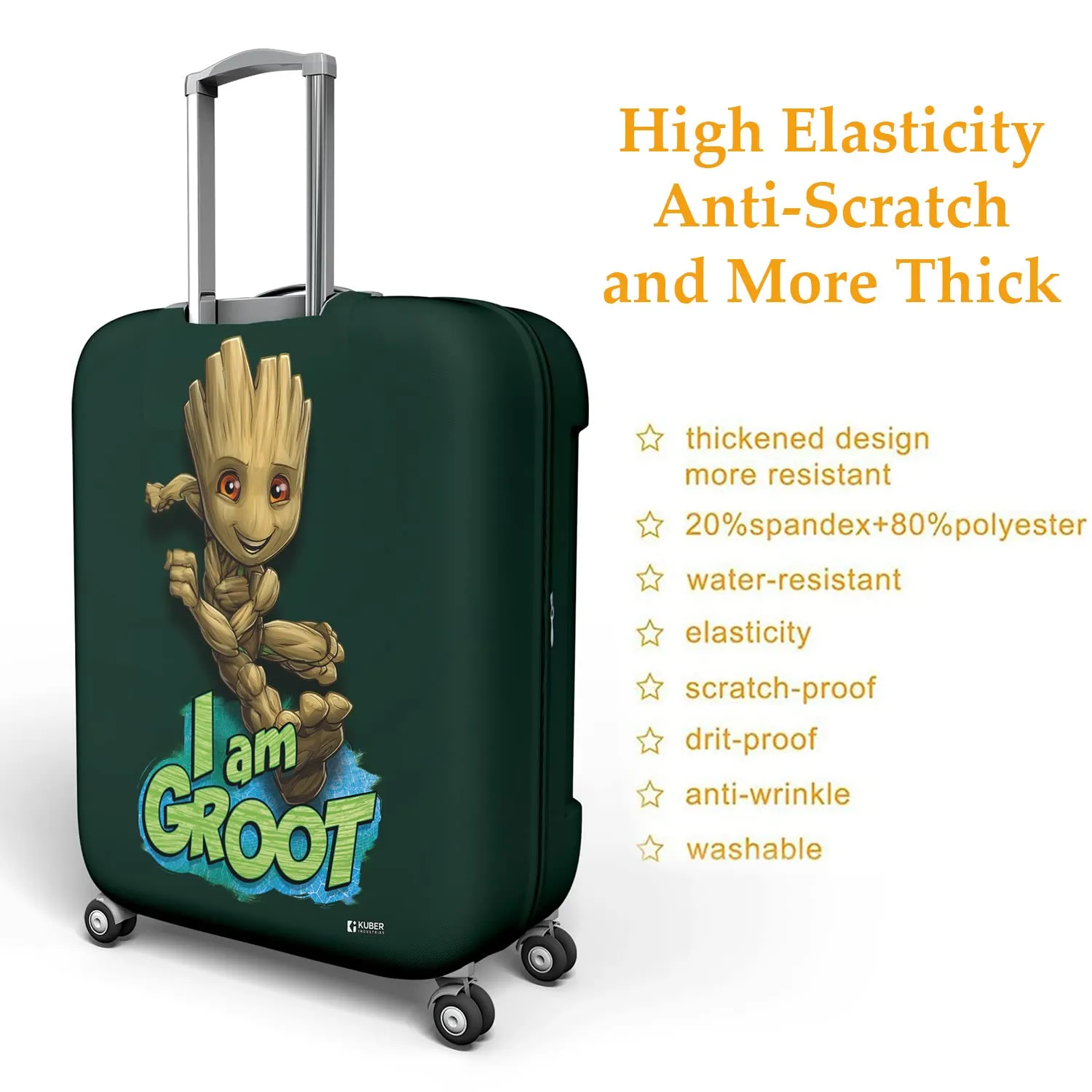 Heart Home Marvel I Am Groot Luggage Cover | Polyester Travel Suitcase Cover | Washable | Stretchable Suitcase Protector | 18-22 Inch | Small | Green