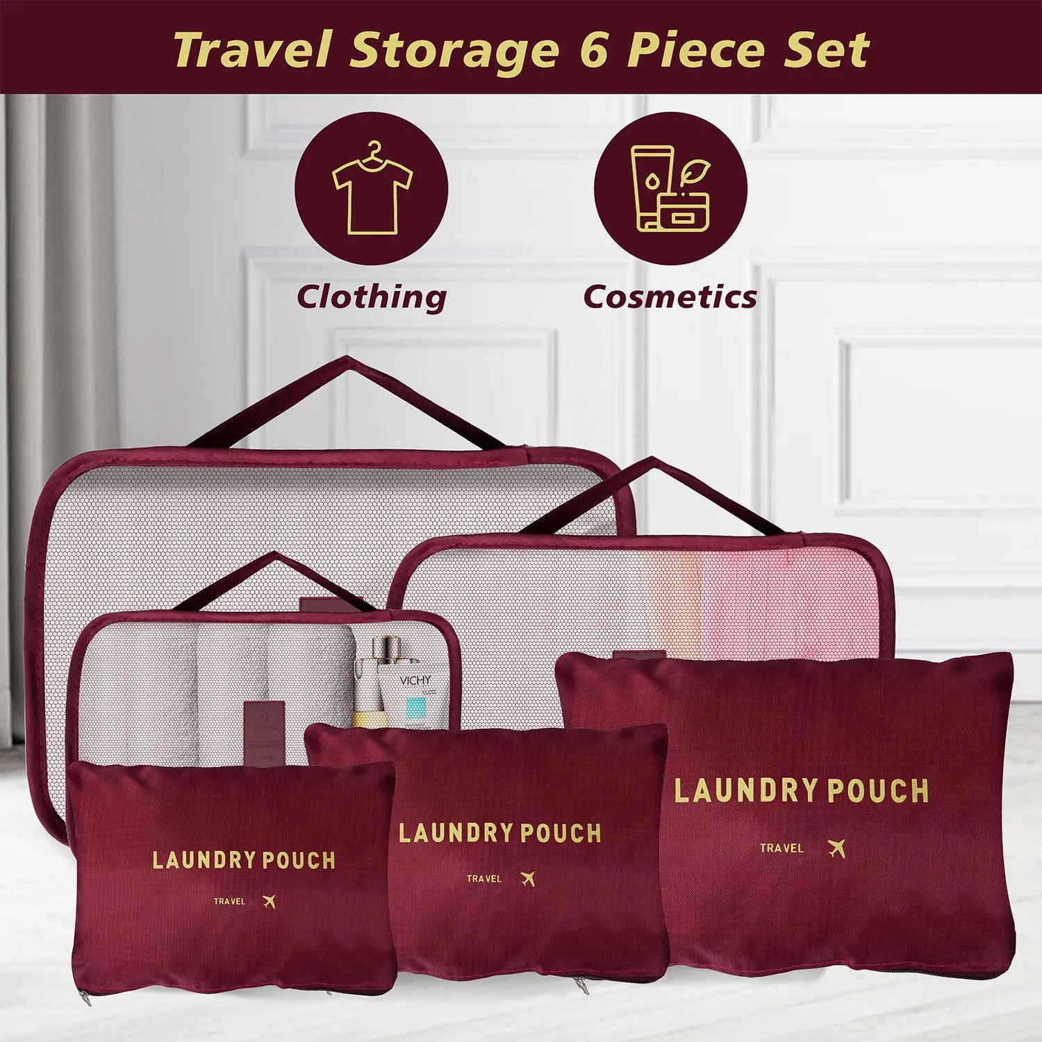 Homestic Pack of 6 Travel Luggage Bag | Toiletry Bag for Jewellery-Watches-Bracelets | Multi-Purpose Storage Bag with Handle | Travel Utility Storage Pouches | LYN16-MRO | Maroon