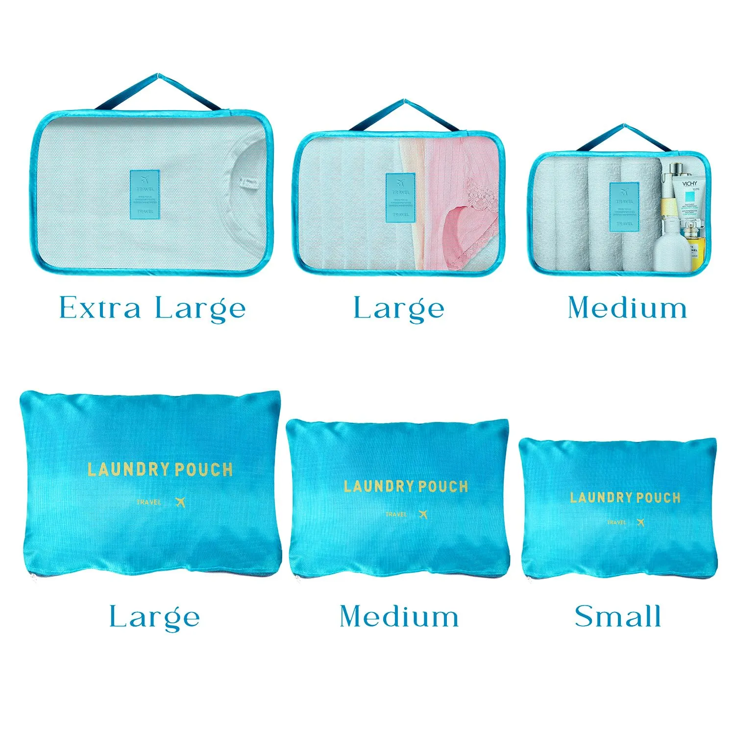 Kuber Industries 36 Pcs Travel Luggage Bag | Toiletry Bag for Jewellery-Watches-Bracelets | Multi-Purpose Storage Bag with Handle | Travel Utility Storage Pouches | LYN16-BLE | Blue| Pack of 6