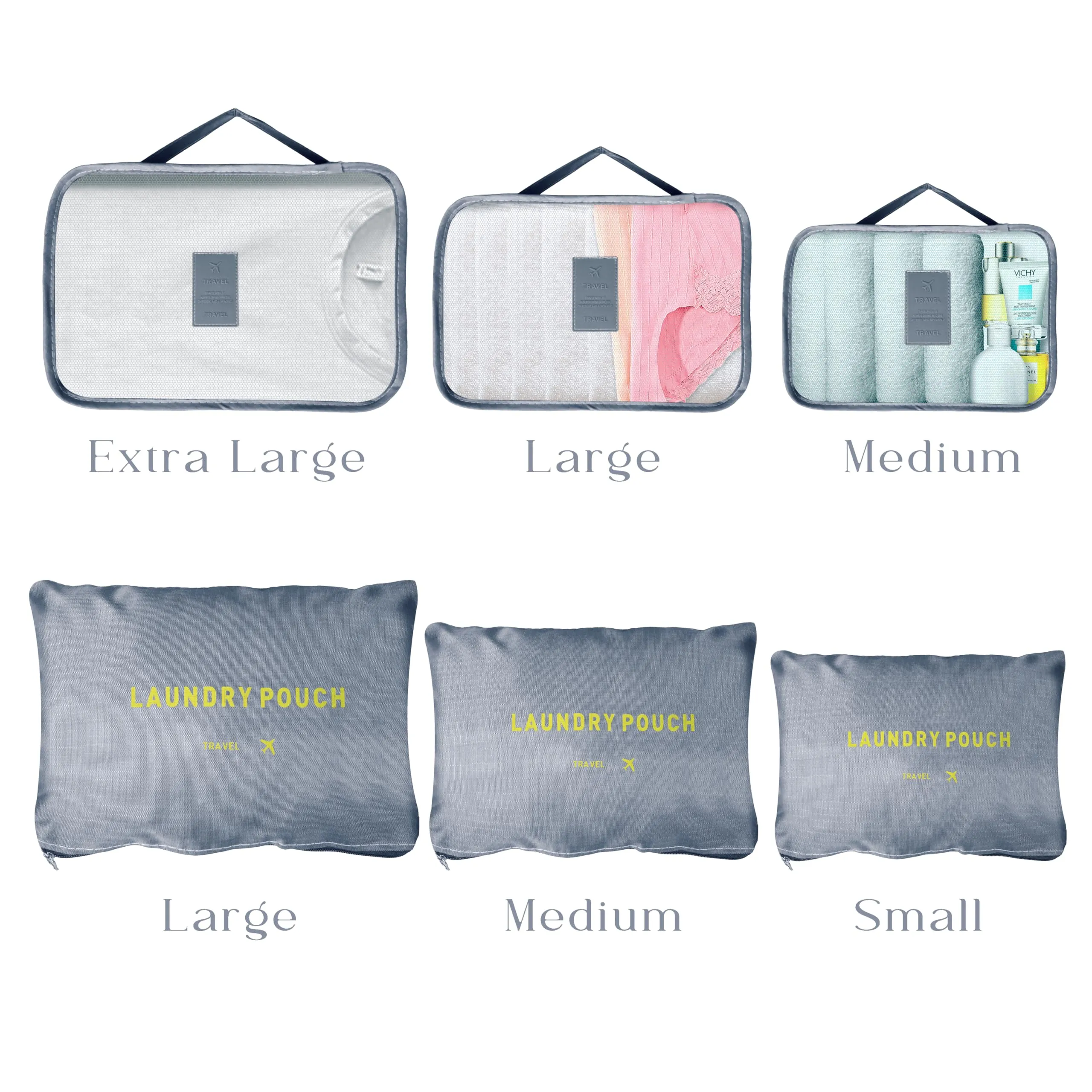 Kuber Industries 36 Pcs Travel Luggage Bag | Toiletry Bag for Jewellery-Watches-Bracelets | Multi-Purpose Storage Bag with Handle | Travel Utility Storage Pouches | LYN16-GRY | Grey | Pack of 6