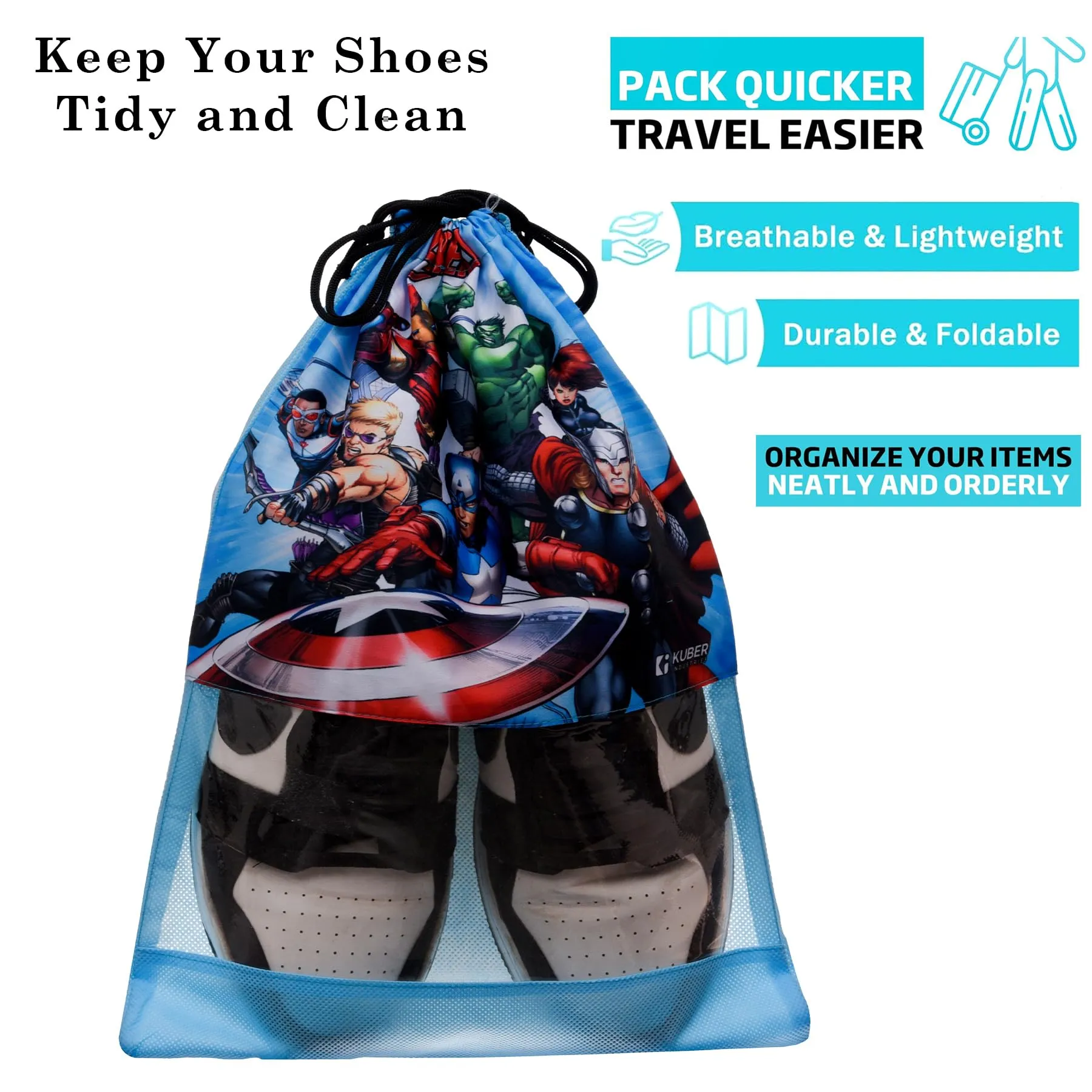 Kuber Industries Marvel Avengers Shoe Cover | Travel Shoe Storage Bags | Polyester Storage Bag | Drawstring Shoe Cover | Shoe Organizer with Clear Window | Pack of 18 | Multi