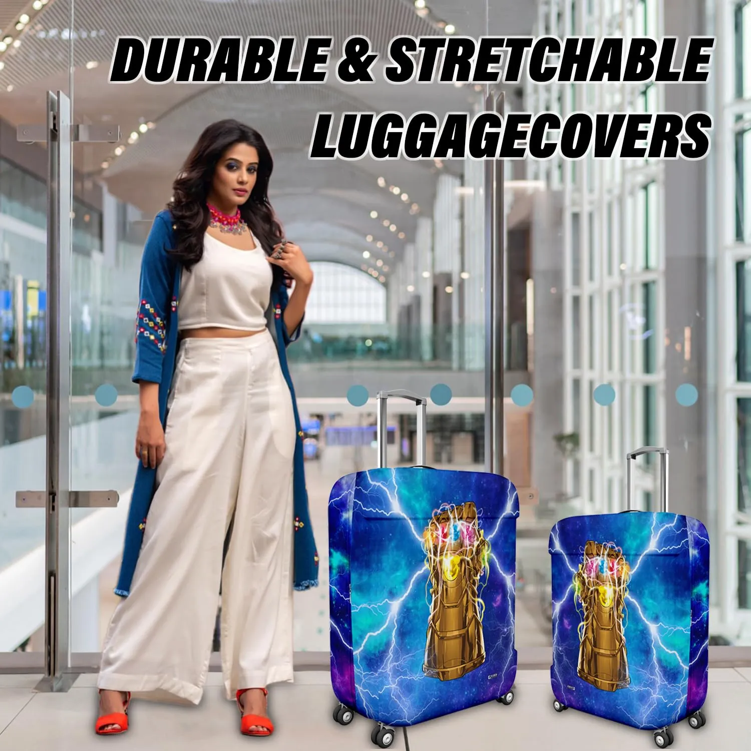 Kuber Industries Marvel The Infinity Gauntlet Luggage Cover | Polyester Travel Suitcase Cover | Washable | Stretchable Suitcase Cover | 18-22 Inch-Small | 22-26 Inch-Medium | Pack of 2 | Sky Blue