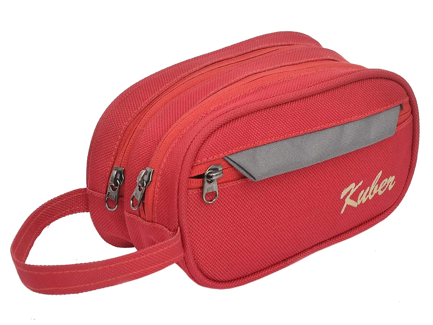 Kuber Industries Multiuses Rexine Travel Toilerty bag/Shaving Kit/Dopp Kit/Cosmetic Bag With 3 Zipper Comparments & Carrying Strip (Red), (49KM0613)