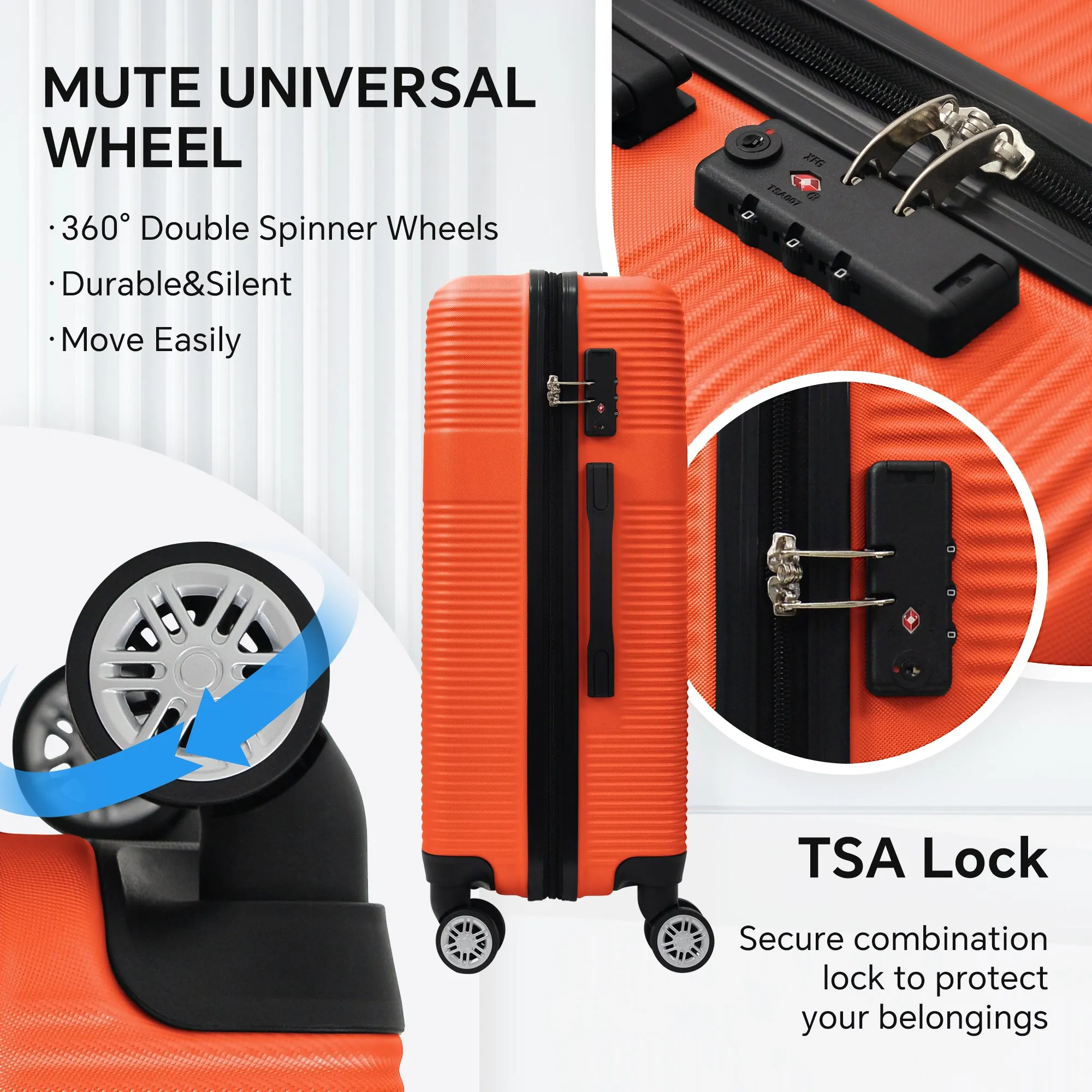 Luggage 4 Piece Set with Spinner Wheels, Hardshell Lightweight Suitcase with TSA Lock,Checked Luggage,Orange(12/20/24/28in)