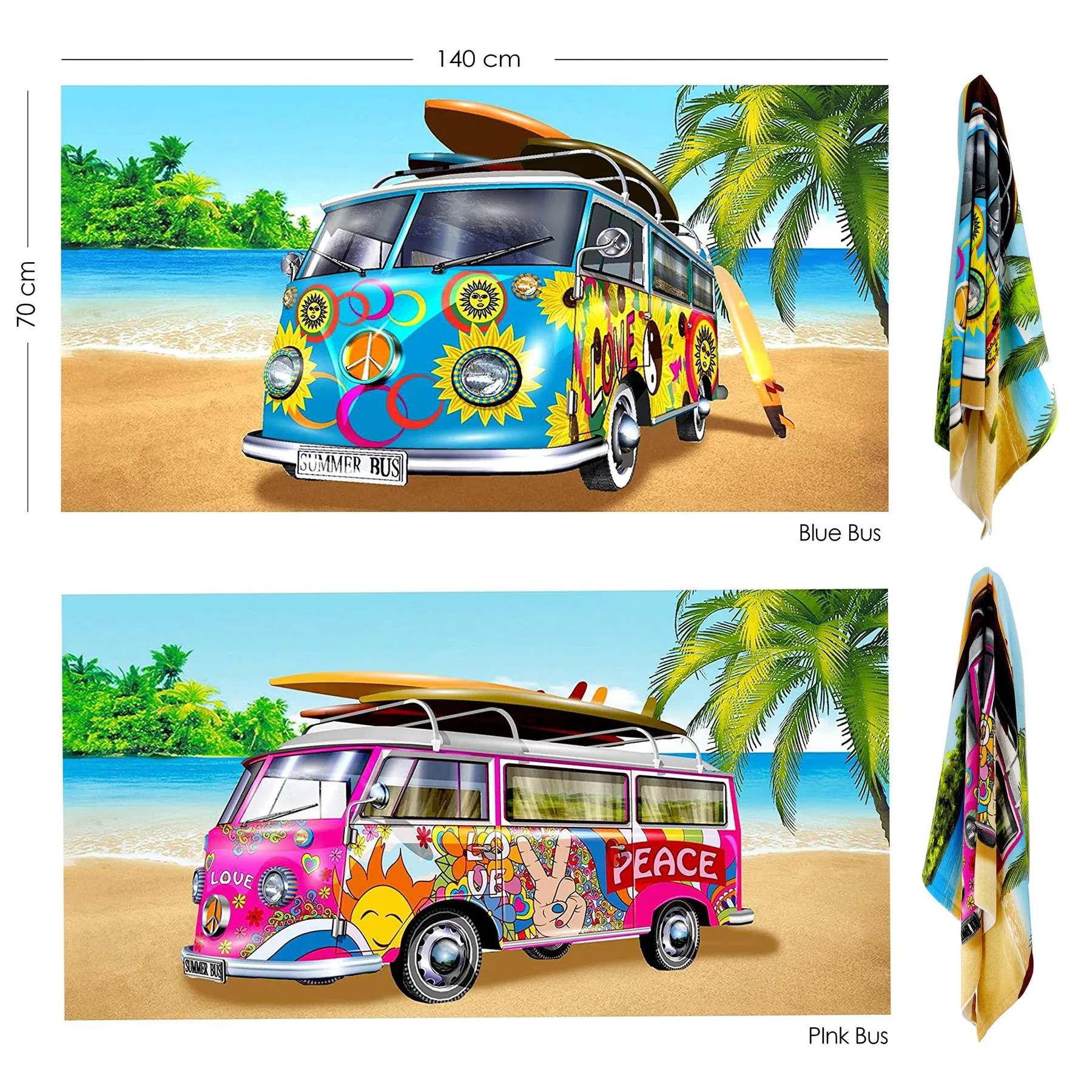 Pink & Blue Summer Bus Design Large Towel Set