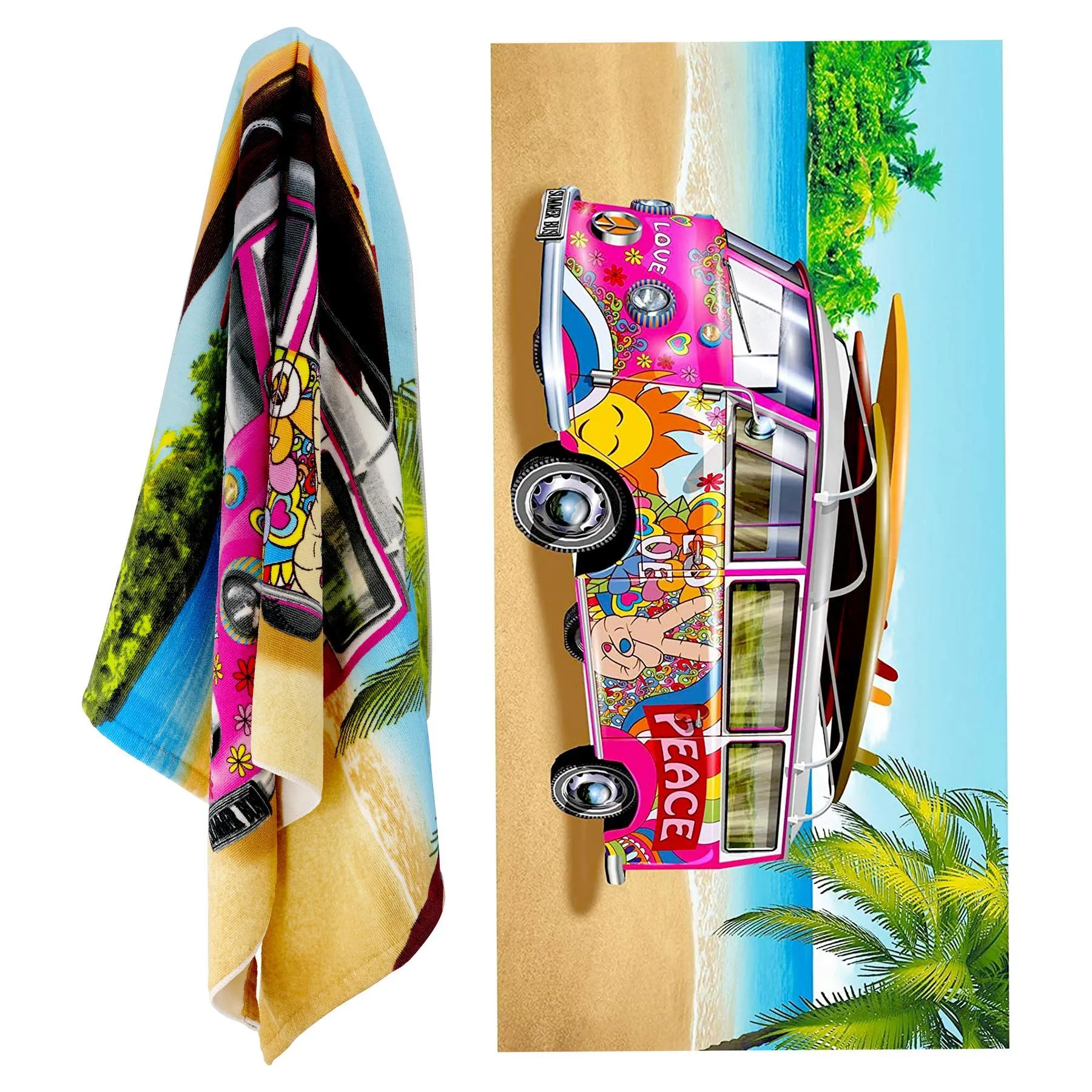 Pink & Blue Summer Bus Design Large Towel Set