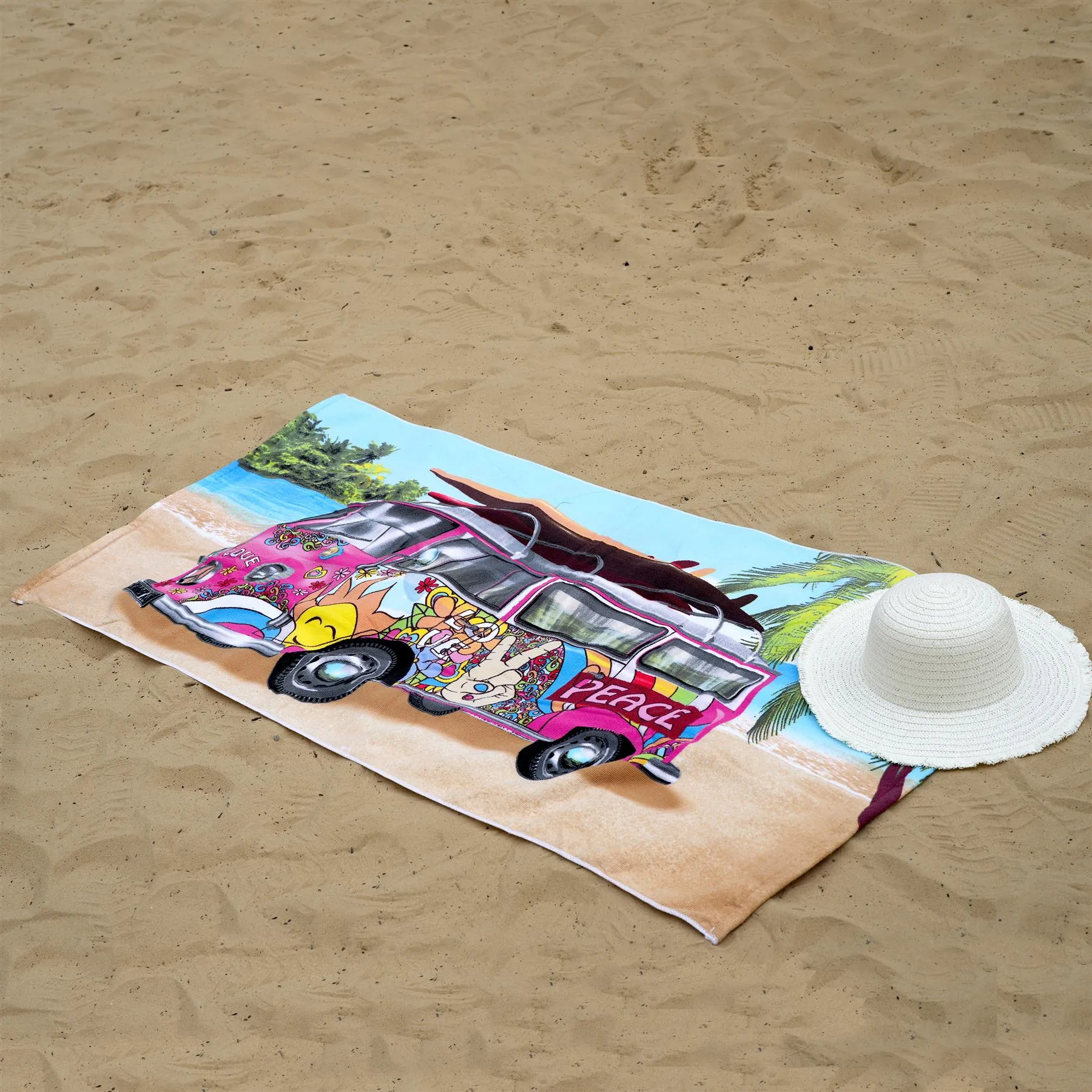 Pink Summer Bus Design Large Towel