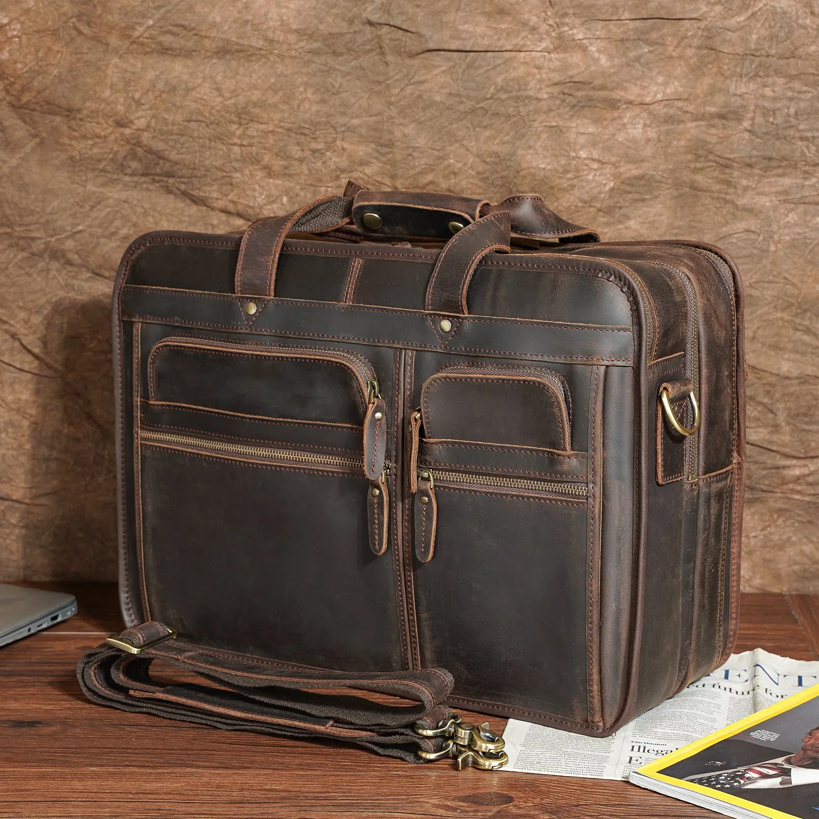 Polare 17'' Full Grain Leather Briefcase Laptop Attache Case Messenger Bag For Men Fits 15.6'' Laptop