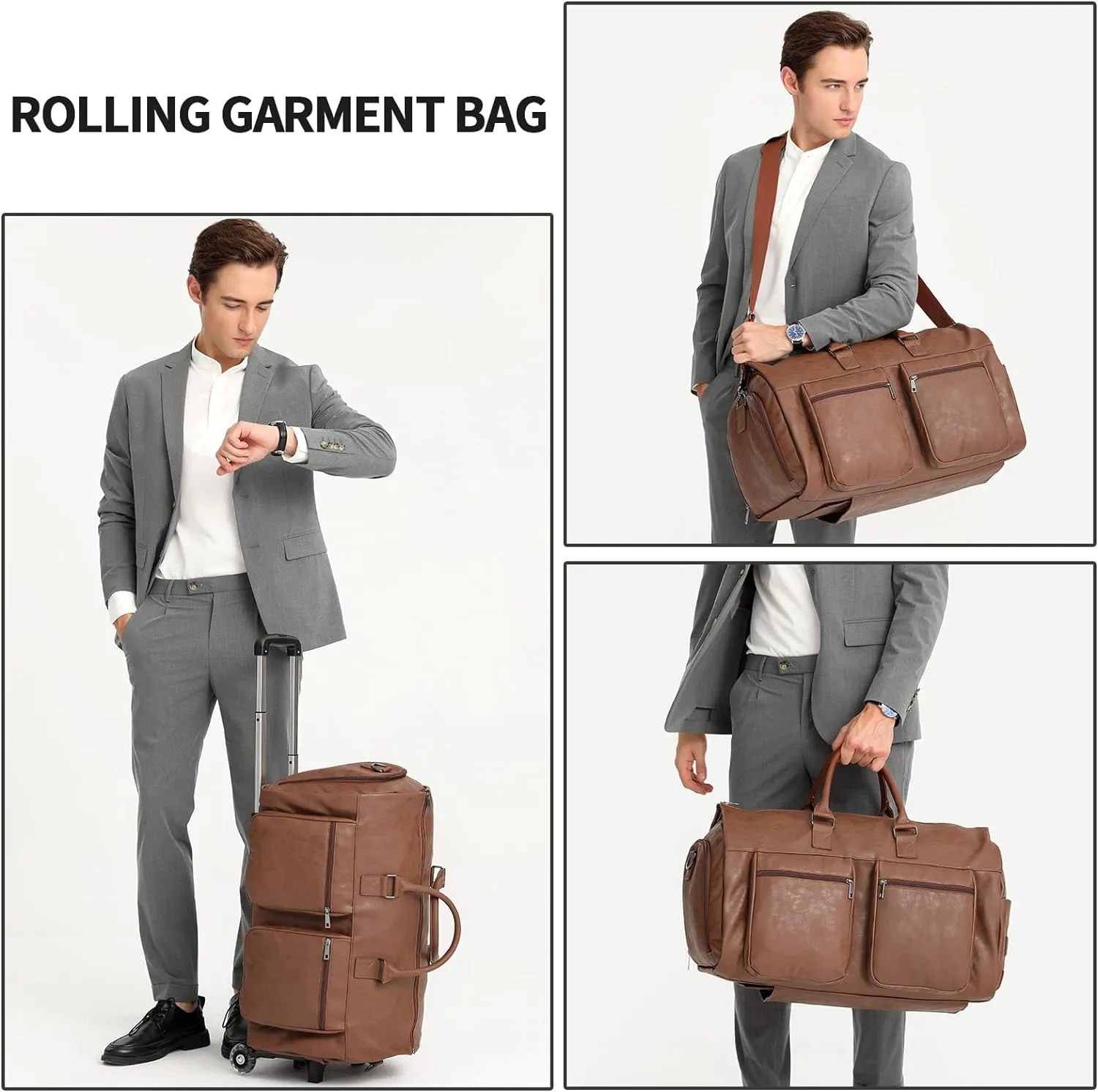 seyfocnia Rolling Garment Bags for Travel,Convertible Duffle Garment Bag Roller Bags for Travel Carry on Garment Bag with Wheels Luggage Rolling Weekender Roller Duffle Bags for Travel-Brown