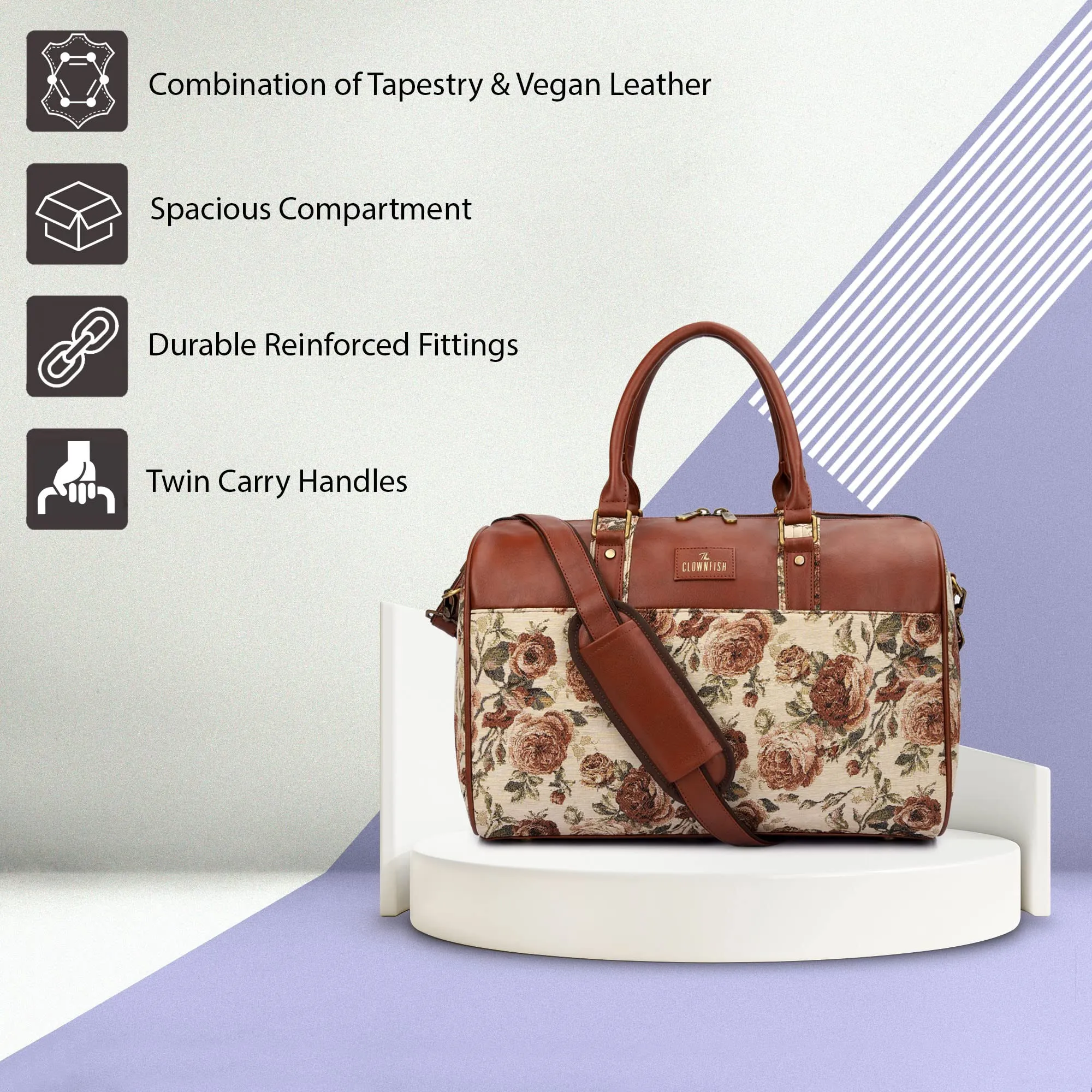 The Clownfish Ambretta Series 21 litres Tapestry Travel Duffle Bag Weekender Bag (Brown- Floral)