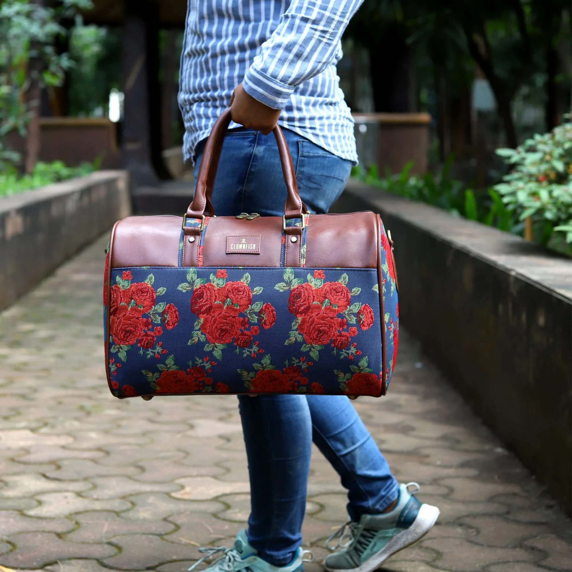 The Clownfish Ambretta Series 21 litres Tapestry Travel Duffle Bag Weekender Bag (Navy Blue)