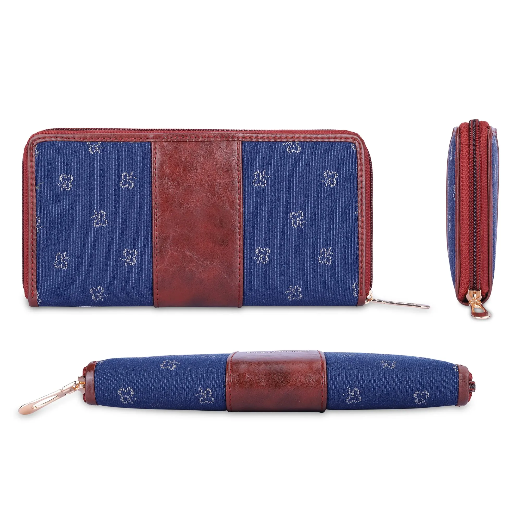 The Clownfish Aria Collection Tapestry Fabric & Faux Leather Zip Around Style Womens Wallet Clutch Ladies Purse with Card Holders (Blue - Spade Design)