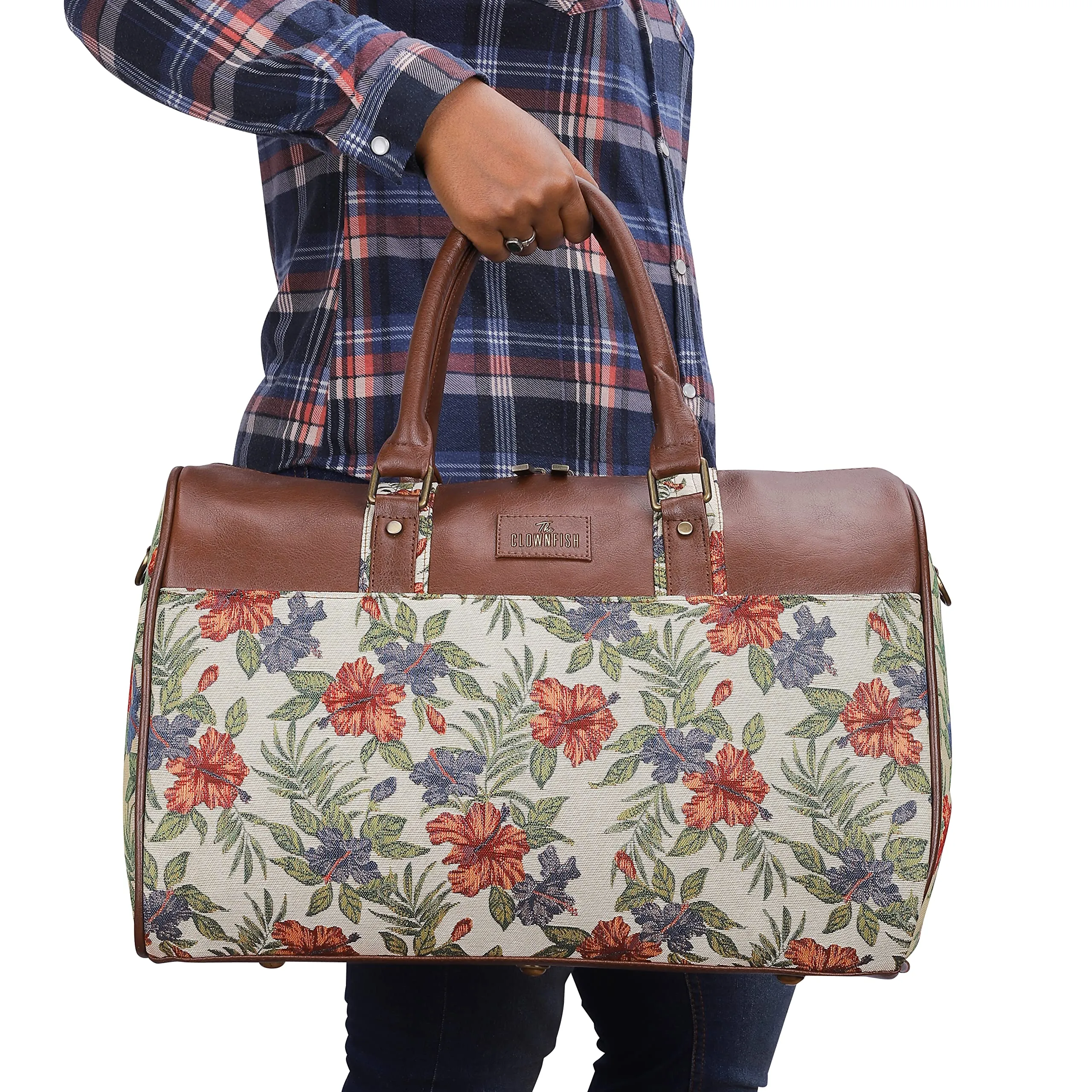 The Clownfish Brooklyn 32 litres Tapestry with Faux Leather Unisex Travel Duffle Bag Weekender Bag (Maroon-Floral)