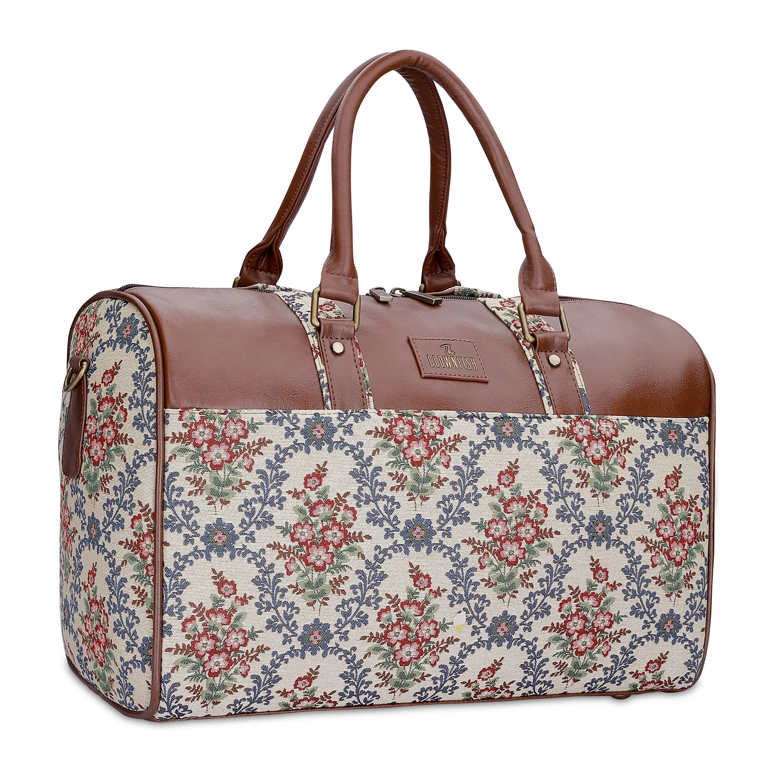 The Clownfish Brooklyn 32 litres Tapestry with Faux Leather Unisex Travel Duffle Bag Weekender Bag (Pink-Floral)