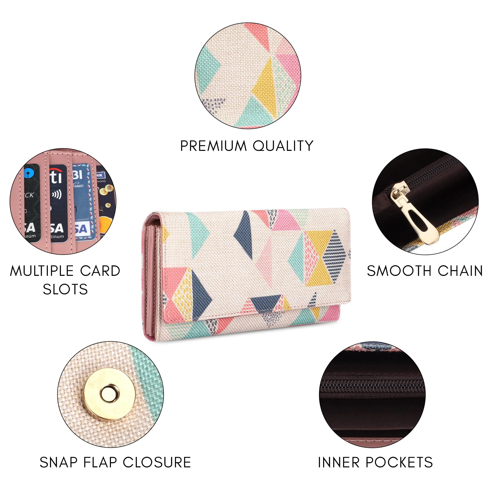 THE CLOWNFISH Charisma Collection Printed Handicraft Fabric & Faux Leather Womens Wallet Clutch Ladies Purse with Multiple Card Slots (Multicolour-Geometric Design)