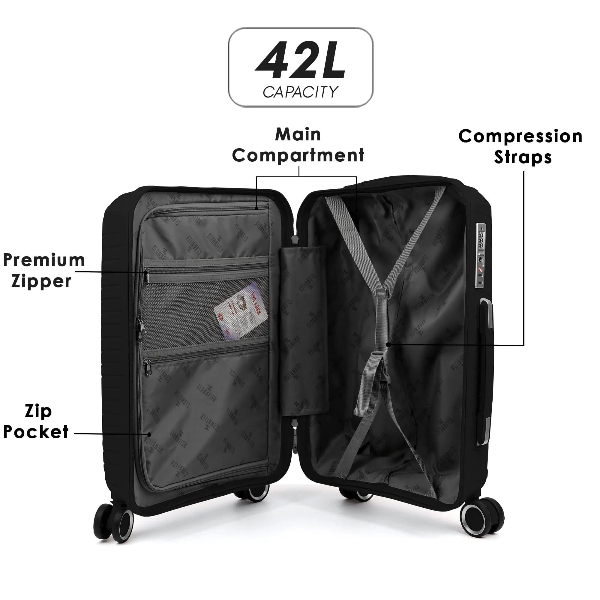 THE CLOWNFISH Combo of 2 Denzel Series Luggage Polypropylene Hard Case Suitcases Eight Wheel Trolley Bags with TSA Lock- Black (Medium 66 cm-26 inch, Small 56 cm-22 inch)