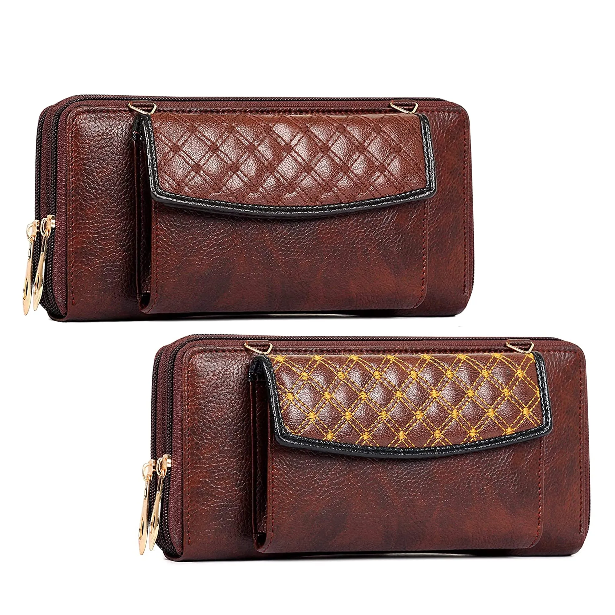 THE CLOWNFISH Combo of 2 Diamond Ladies Wallet with Front Mobile Pocket (Dark Brown)