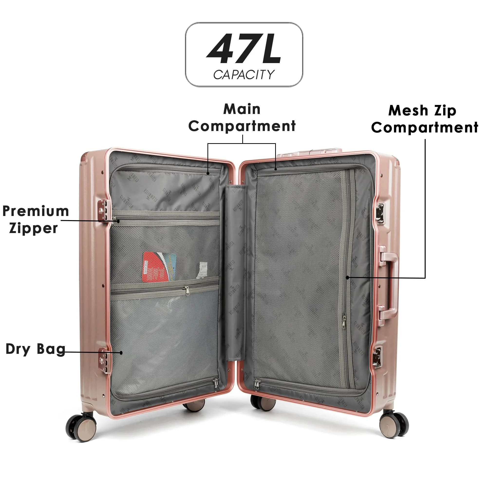 THE CLOWNFISH Combo of 2 Stark Series Luggage Polycarbonate Hard Case Suitcases Eight Wheel Trolley Bags with Double TSA Locks- Blush Pink (Medium 67 cm-26 inch, Small 57 cm-22 inch)