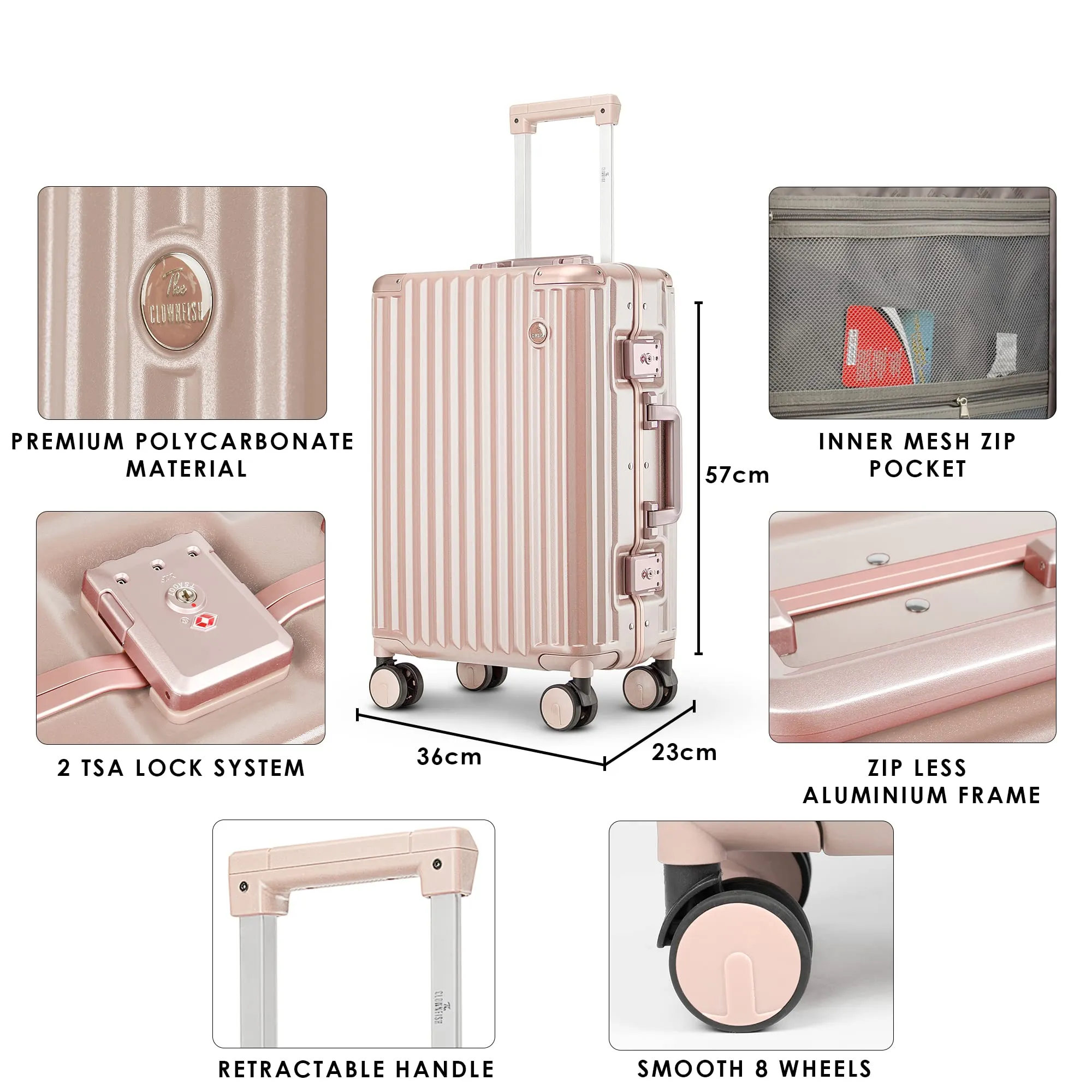 THE CLOWNFISH Combo of 2 Stark Series Luggage Polycarbonate Hard Case Suitcases Eight Wheel Trolley Bags with Double TSA Locks- Blush Pink (Medium 67 cm-26 inch, Small 57 cm-22 inch)