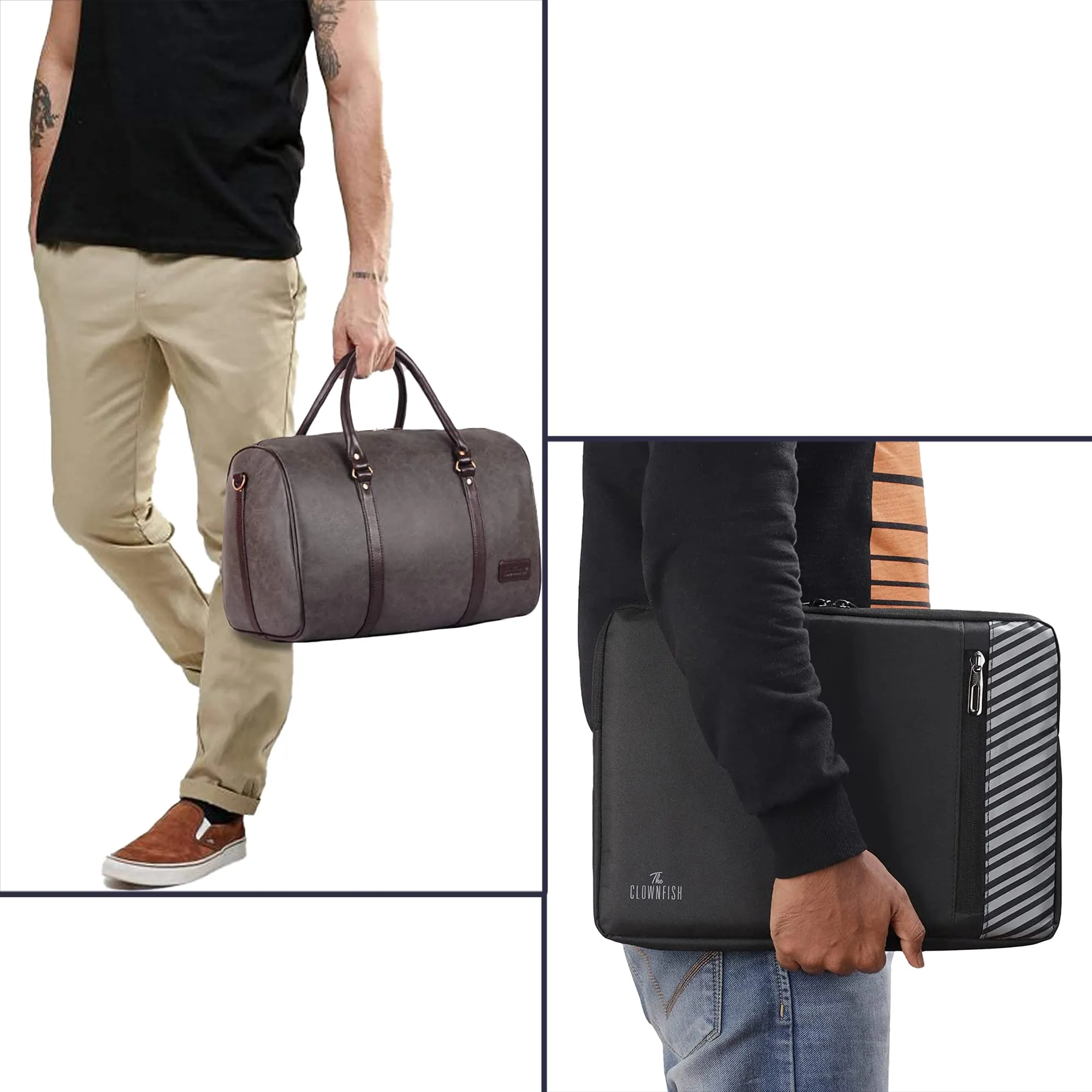 The Clownfish Combo of Lincoln Vegan Leather 29 L Travel Duffel Bag (Ash Grey) & The Clownfish Algo Series Polyester Unisex 13 inch Laptop Sleeve Tablet Case (Assorted Colour)