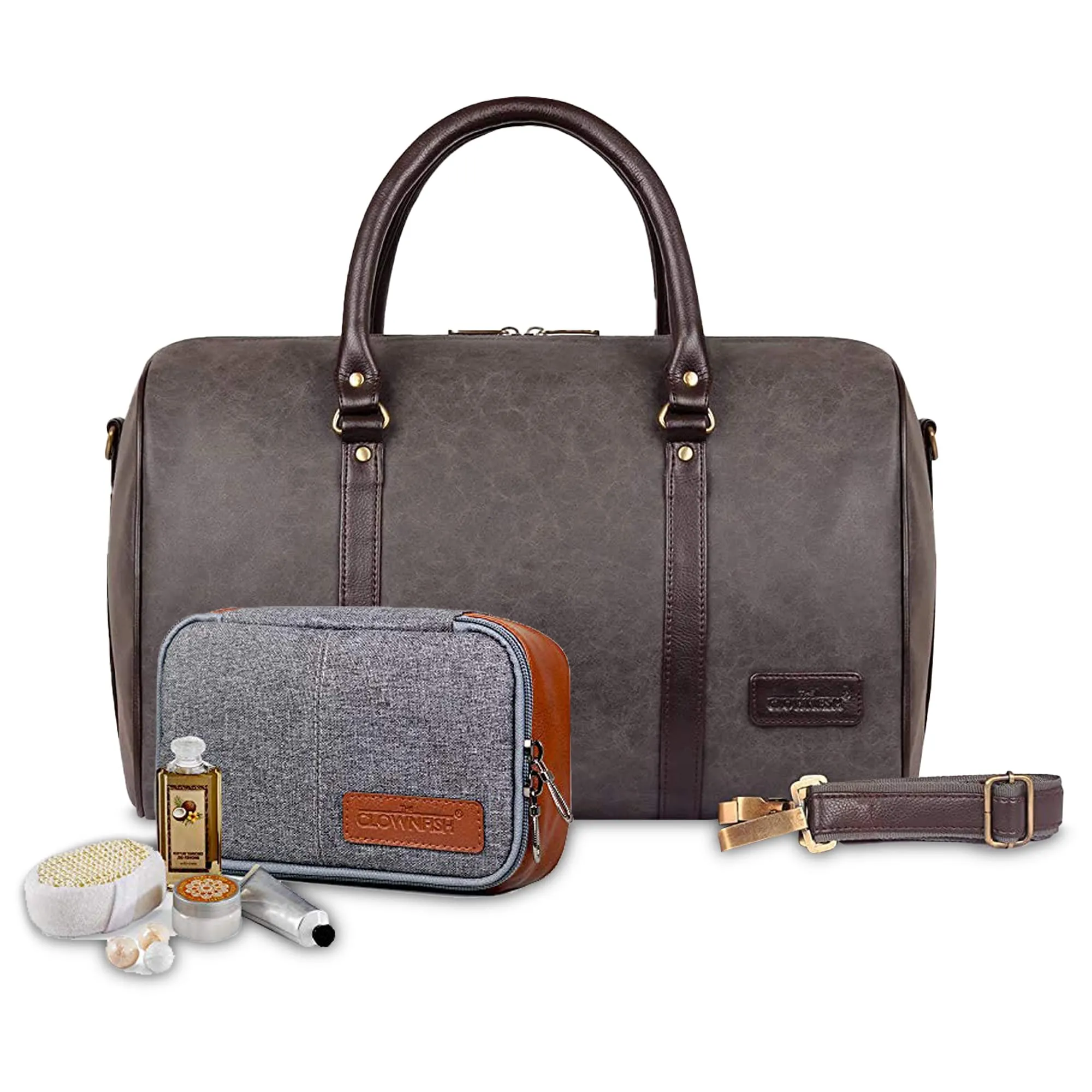 The Clownfish Combo of Lincoln Vegan Leather 29 L Travel Duffel Bag (Ash Grey) & The Clownfish Travel Pouch Toiletry Bag (Grey)