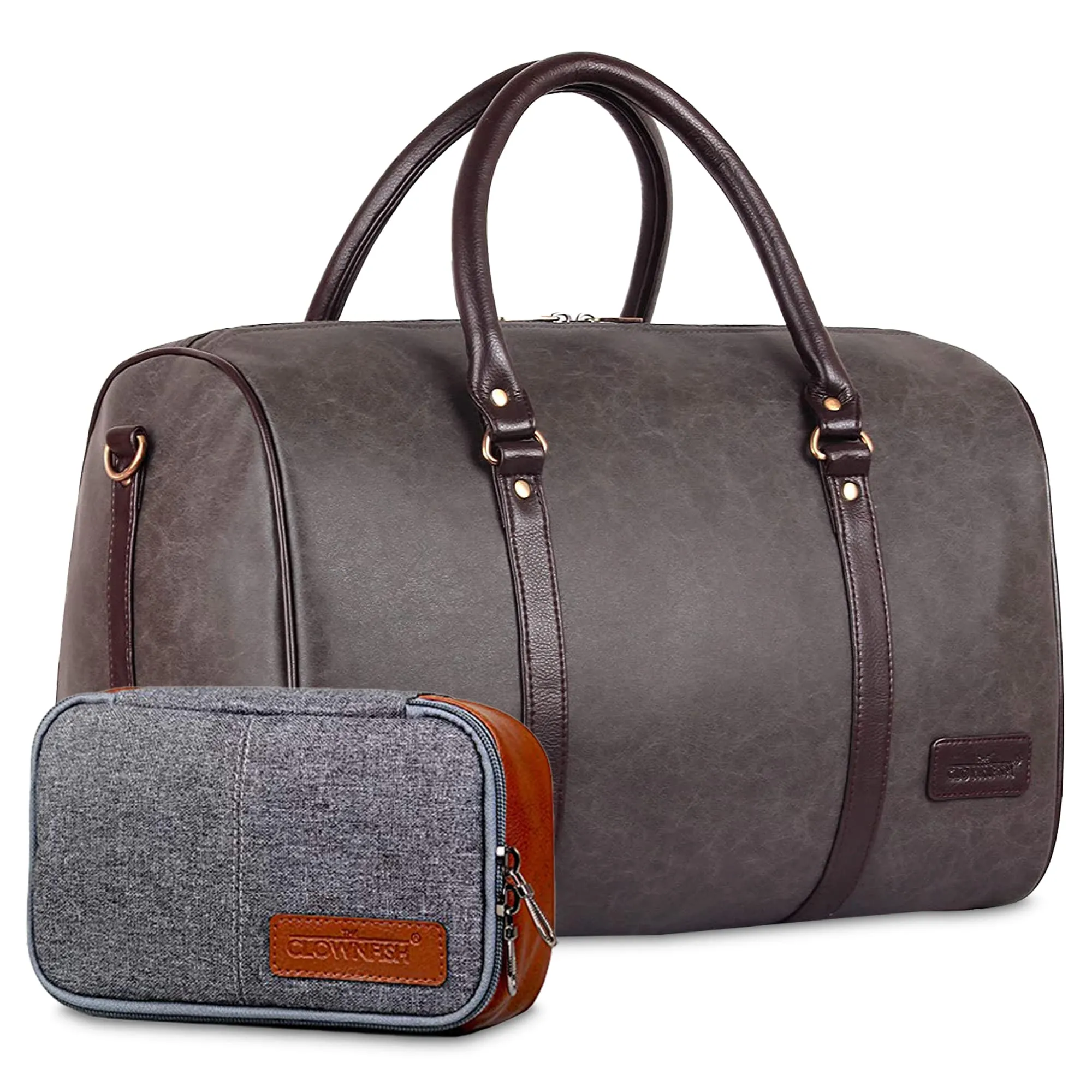 The Clownfish Combo of Lincoln Vegan Leather 29 L Travel Duffel Bag (Ash Grey) & The Clownfish Travel Pouch Toiletry Bag (Grey)