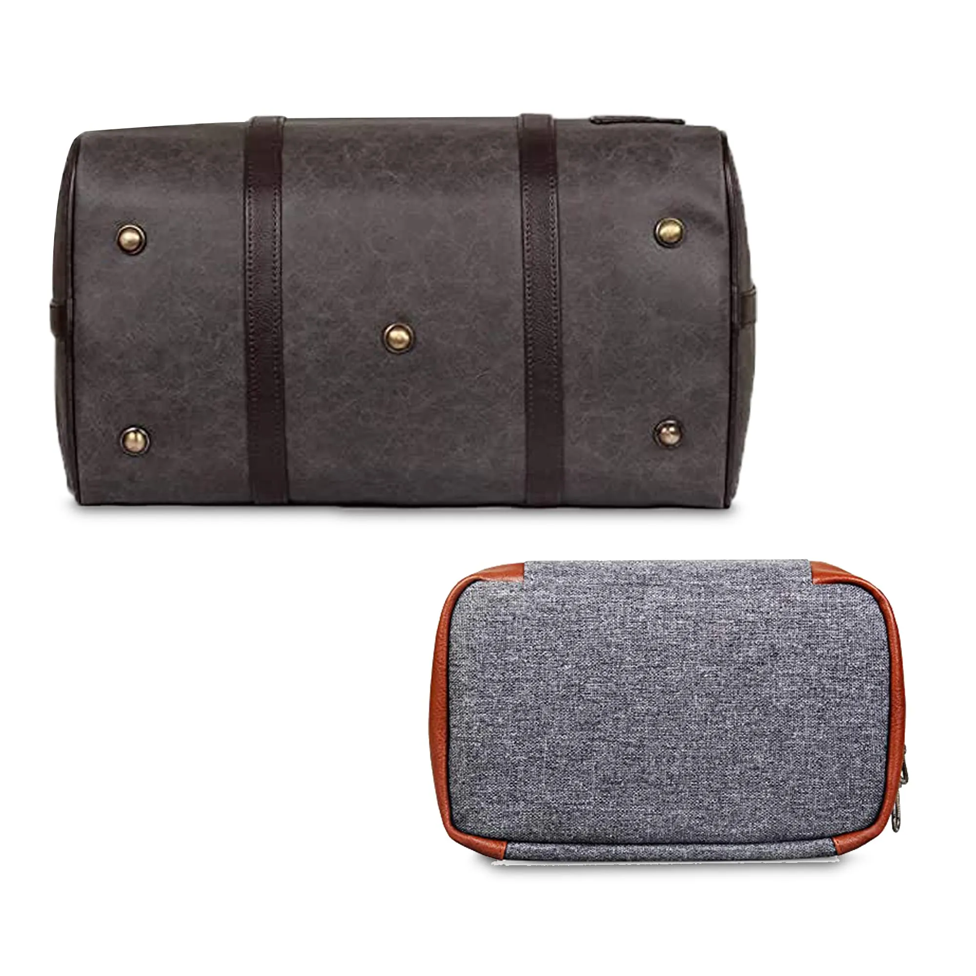 The Clownfish Combo of Lincoln Vegan Leather 29 L Travel Duffel Bag (Ash Grey) & The Clownfish Travel Pouch Toiletry Bag (Grey)