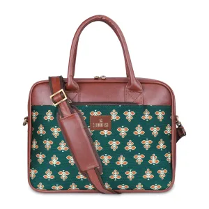 THE CLOWNFISH Deborah series 15.6 inch Laptop Bag For Women Printed Handicraft Fabric & Faux Leather Office Bag Briefcase Messenger Sling Handbag Business Bag (Persian Green)