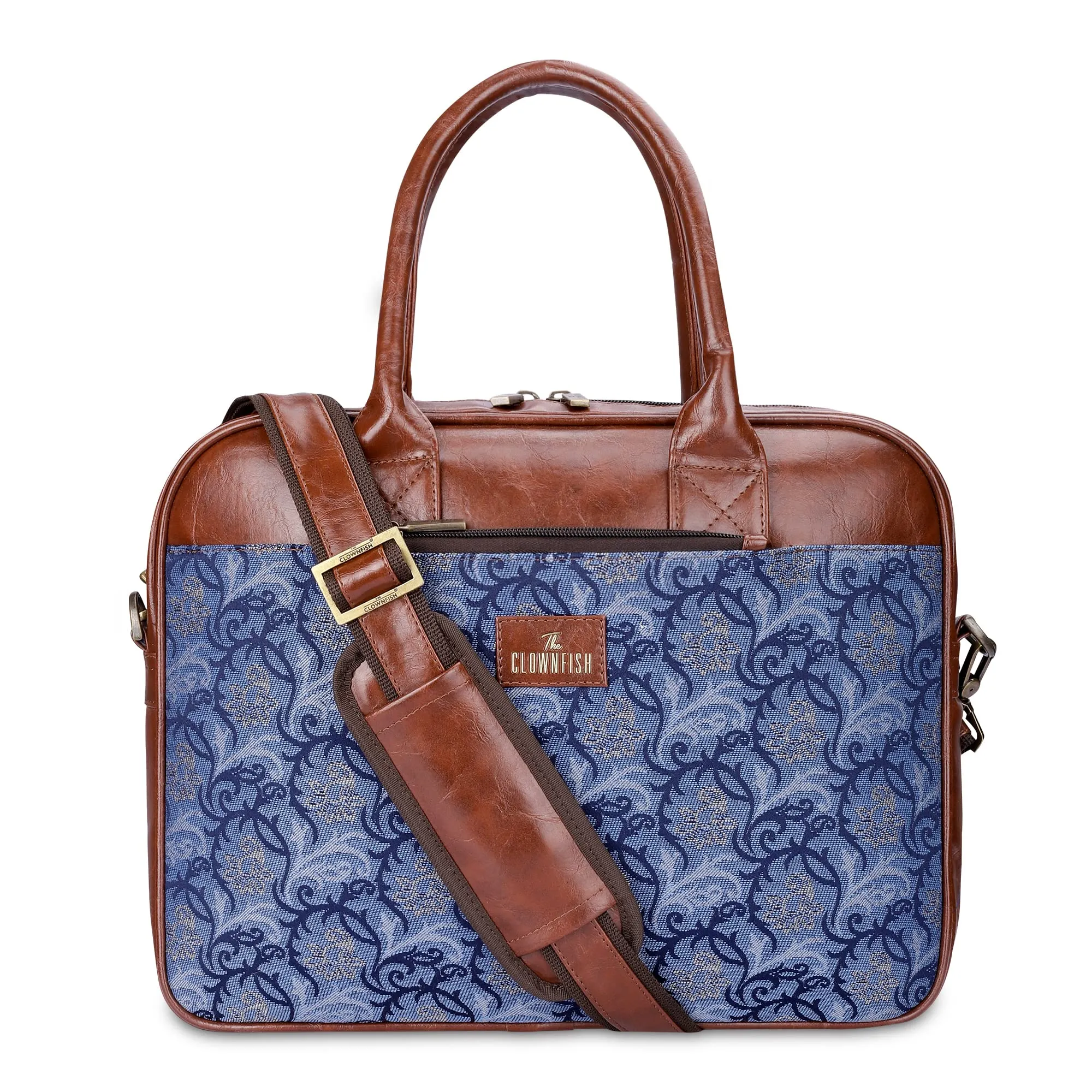 THE CLOWNFISH Deborah series 15.6 inch Laptop Bag For Women Tapestry Fabric & Faux Leather Office Bag Briefcase Messenger Sling Handbag Business Bag (Blue-Floral)