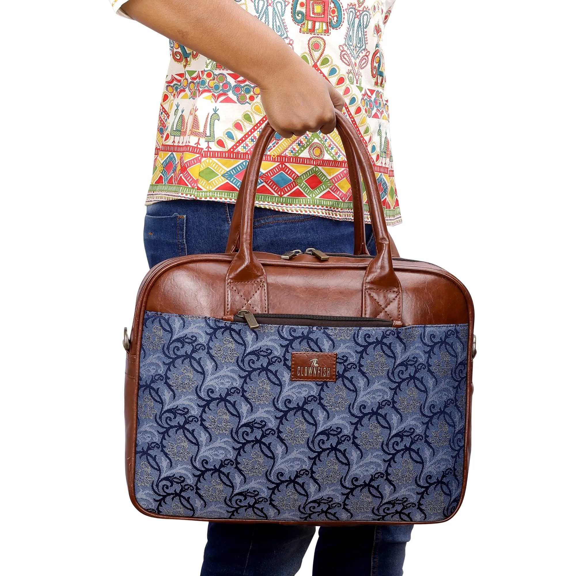 THE CLOWNFISH Deborah series 15.6 inch Laptop Bag For Women Tapestry Fabric & Faux Leather Office Bag Briefcase Messenger Sling Handbag Business Bag (Blue-Floral)