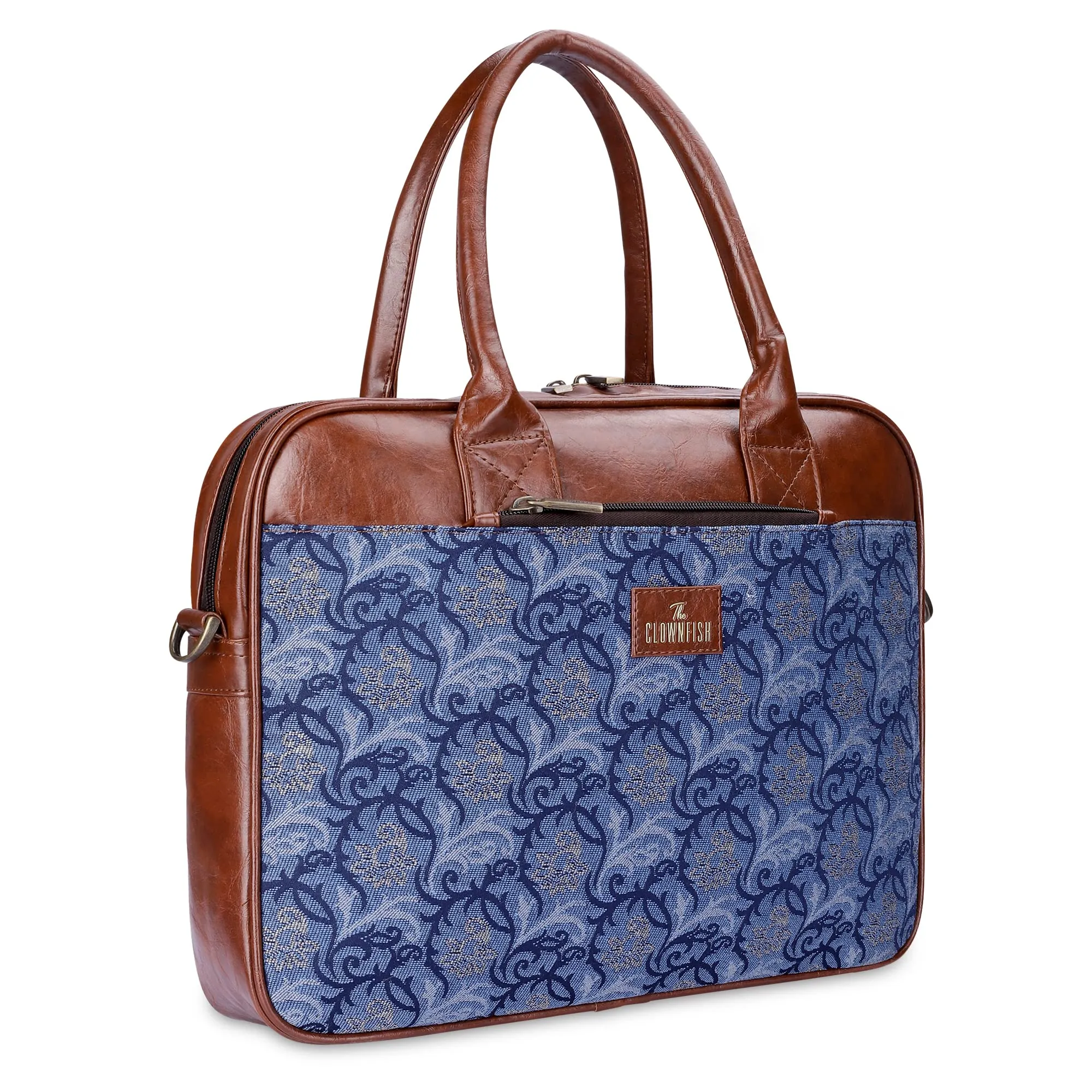 THE CLOWNFISH Deborah series 15.6 inch Laptop Bag For Women Tapestry Fabric & Faux Leather Office Bag Briefcase Messenger Sling Handbag Business Bag (Blue-Floral)