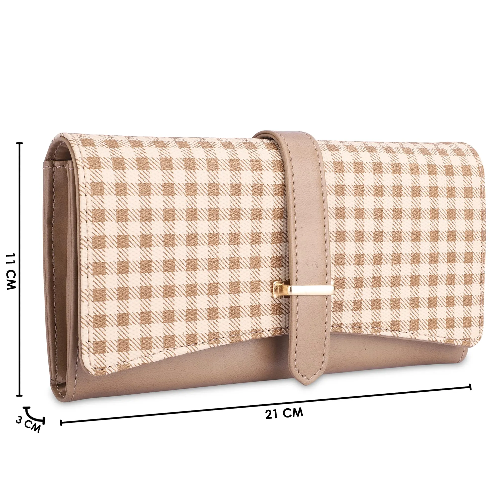 THE CLOWNFISH Dhanvi Collection PVC Checks Design Snap Flap Closure Womens Wallet Clutch Ladies Purse with Multiple Card Holders (Light Brown)