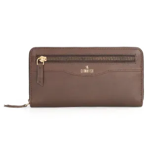 THE CLOWNFISH Eliana Collection Genuine Leather Zip Around Style Womens Wallet Clutch Ladies Purse with Card Holders (Dark Brown)