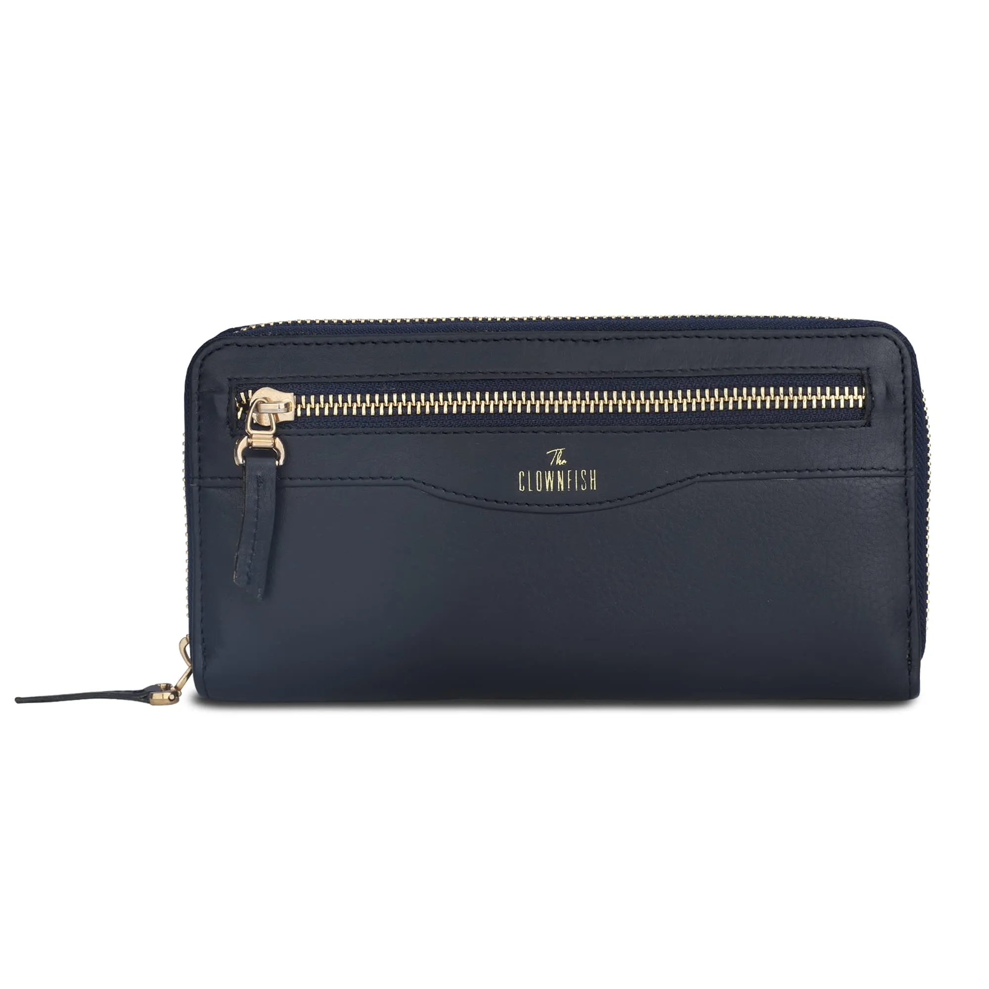 The Clownfish Eliana Collection Genuine Leather Zip Around Style Womens Wallet Clutch Ladies Purse with Card Holders (Navy Blue)