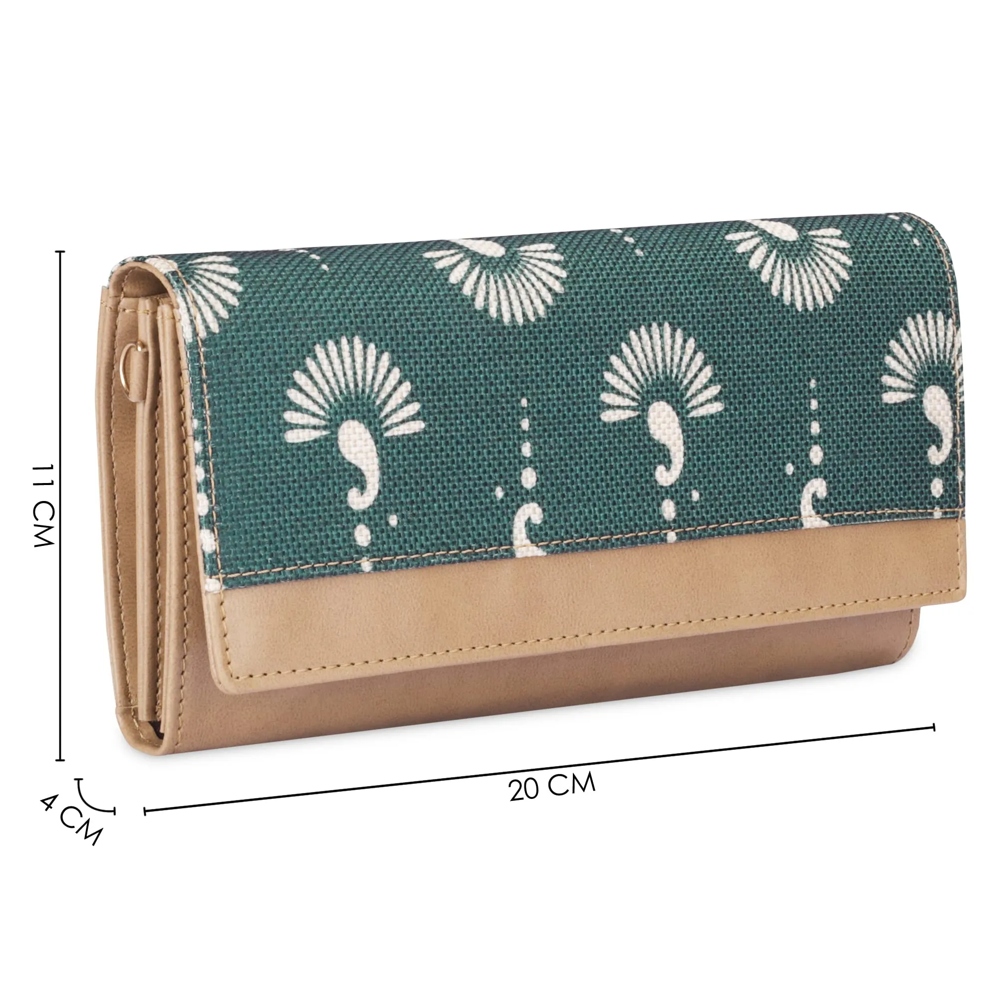 THE CLOWNFISH Erika Printed Handicraft Fabric & Vegan Leather Ladies Wallet Purse Sling Bag with Multiple Card Slots & Shoulder Belt (Bottle Green)