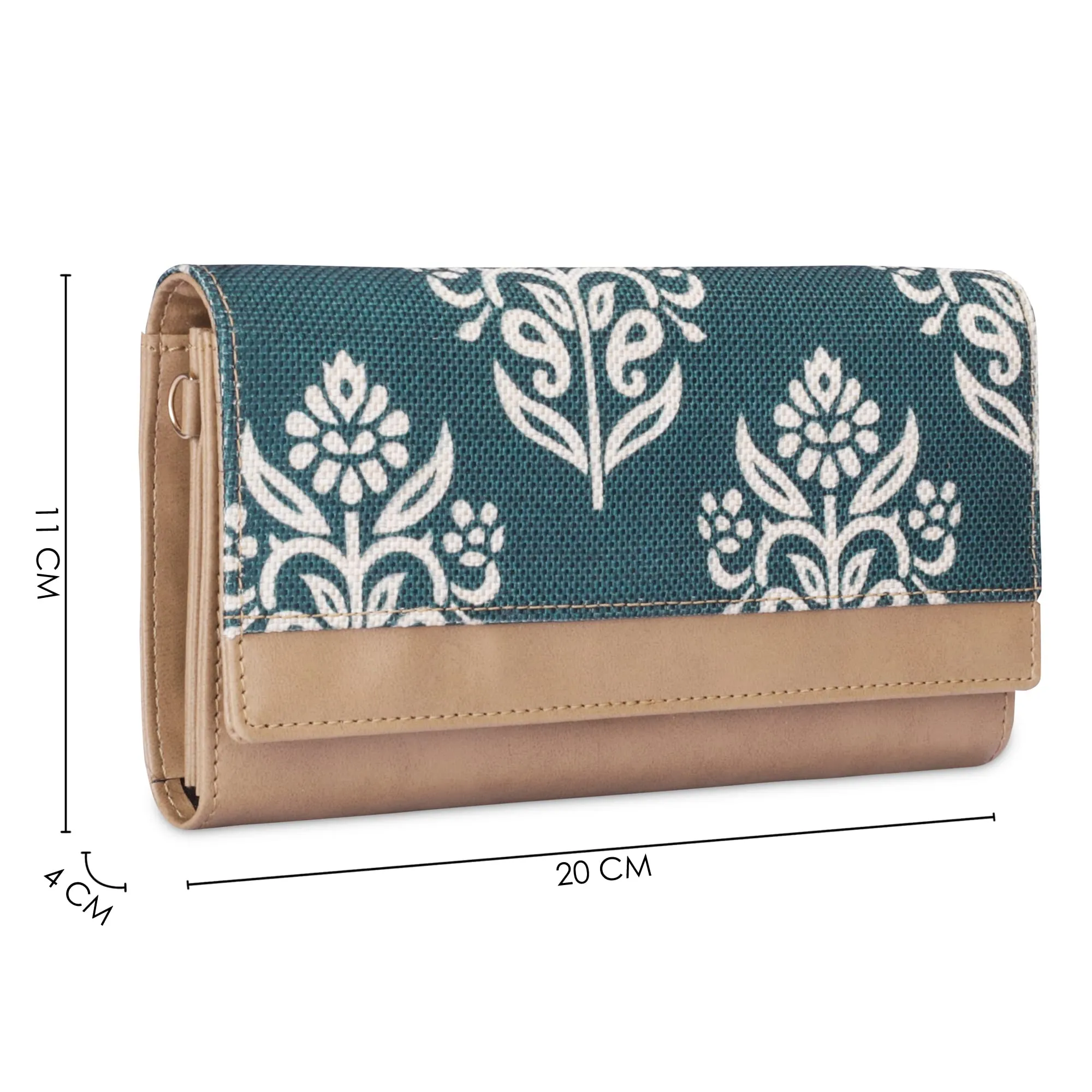 THE CLOWNFISH Erika Printed Handicraft Fabric & Vegan Leather Ladies Wallet Purse Sling Bag with Multiple Card Slots & Shoulder Belt (Light Green)