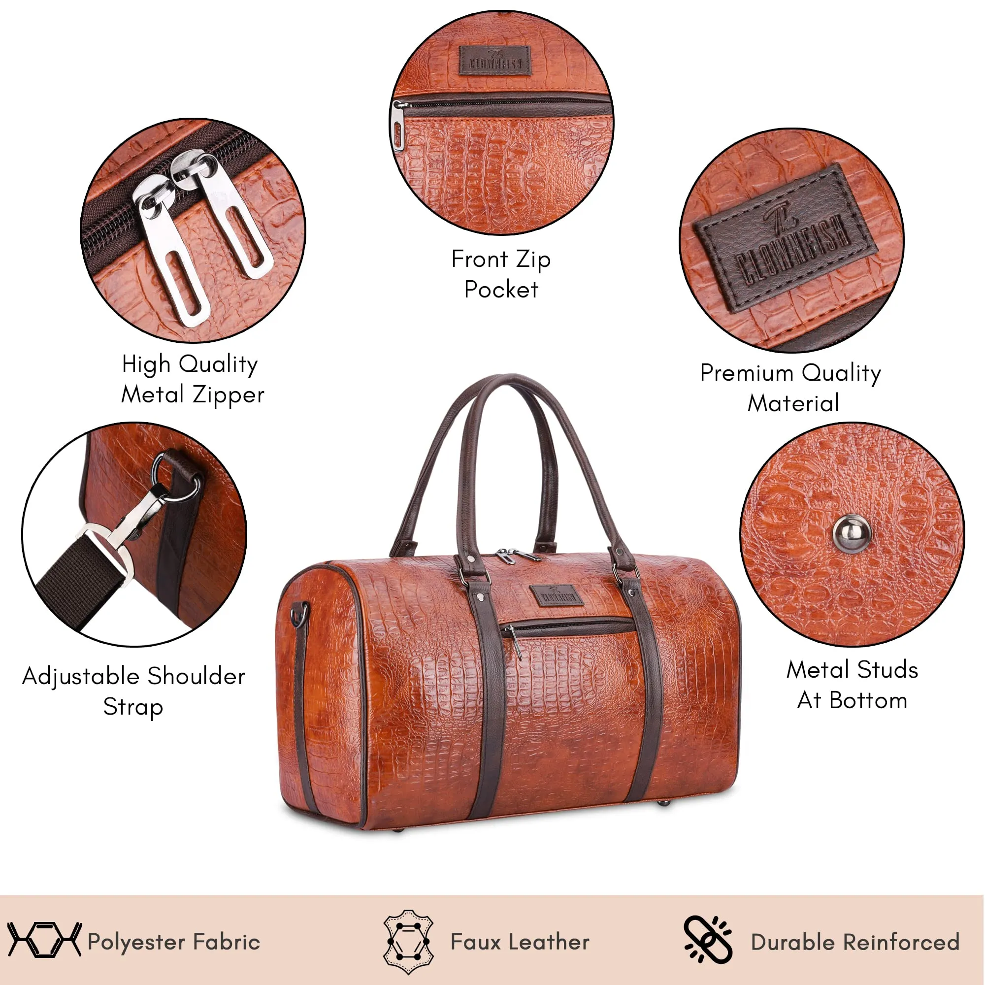 The Clownfish Expedition Series 29 litres Faux Leather Crocodile Finish Unisex Travel Duffle Bag Weekender Bag (Tan)