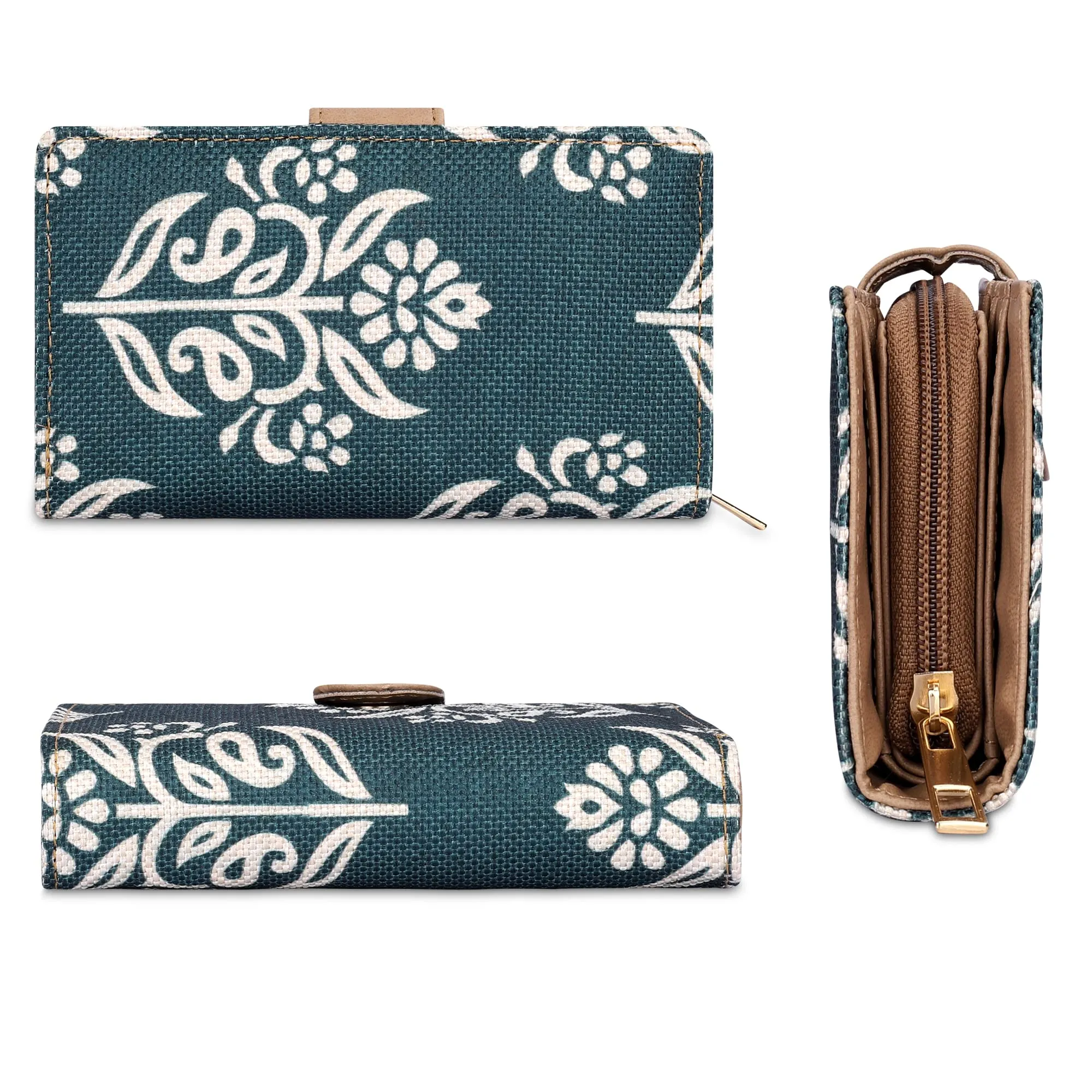 THE CLOWNFISH Fab Series Printed Handicraft Fabric & Vegan Leather Ladies Wallet Clutch Purse for Women Girls with Multiple Compartments (Dark Green)