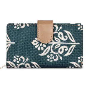 THE CLOWNFISH Fab Series Printed Handicraft Fabric & Vegan Leather Ladies Wallet Clutch Purse for Women Girls with Multiple Compartments (Dark Green)