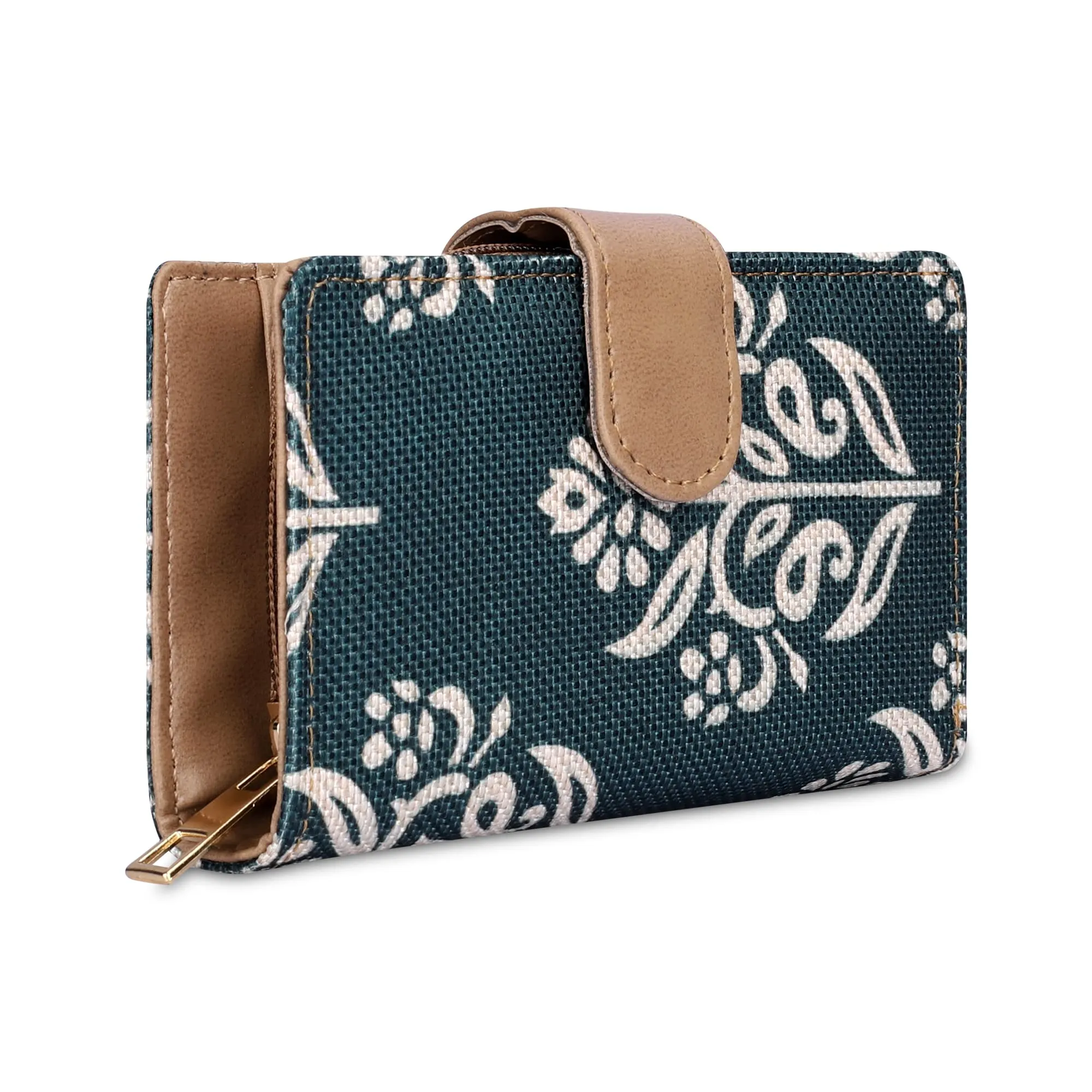 THE CLOWNFISH Fab Series Printed Handicraft Fabric & Vegan Leather Ladies Wallet Clutch Purse for Women Girls with Multiple Compartments (Dark Green)