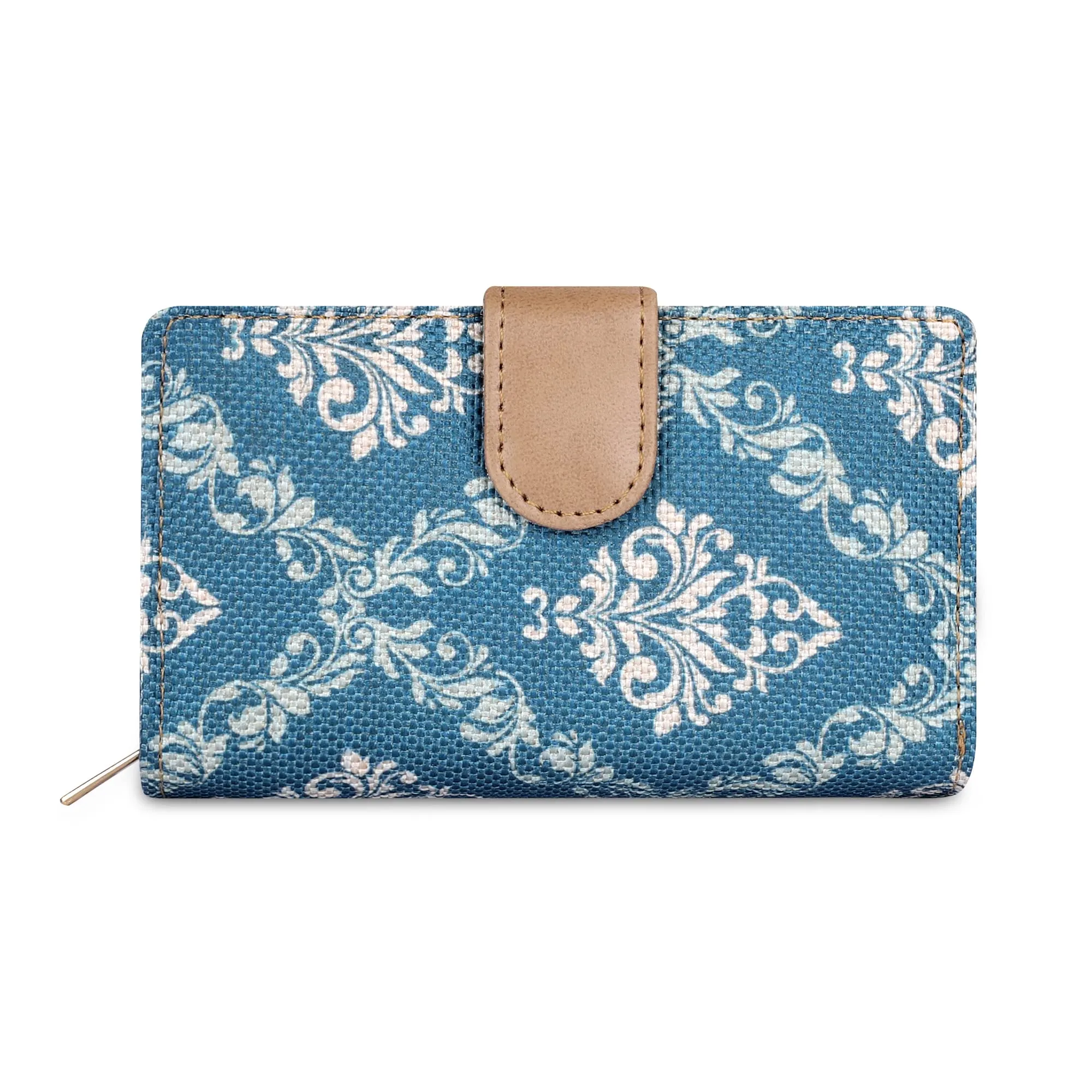 THE CLOWNFISH Fab Series Printed Handicraft Fabric & Vegan Leather Ladies Wallet Clutch Purse for Women Girls with Multiple Compartments (Peacock Blue)