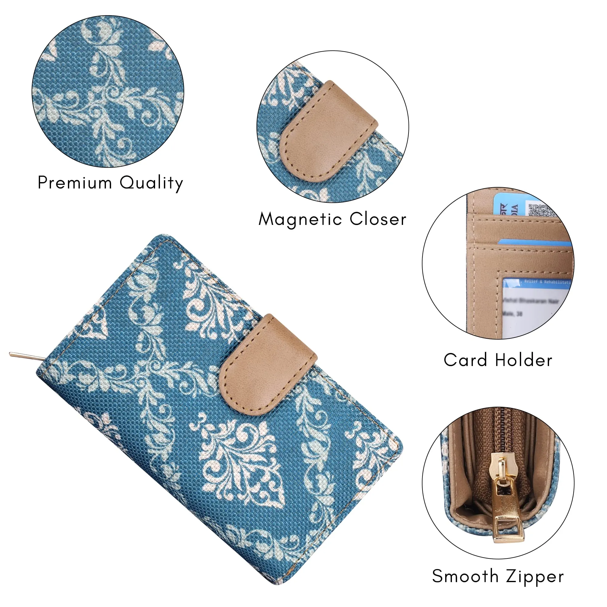 THE CLOWNFISH Fab Series Printed Handicraft Fabric & Vegan Leather Ladies Wallet Clutch Purse for Women Girls with Multiple Compartments (Peacock Blue)