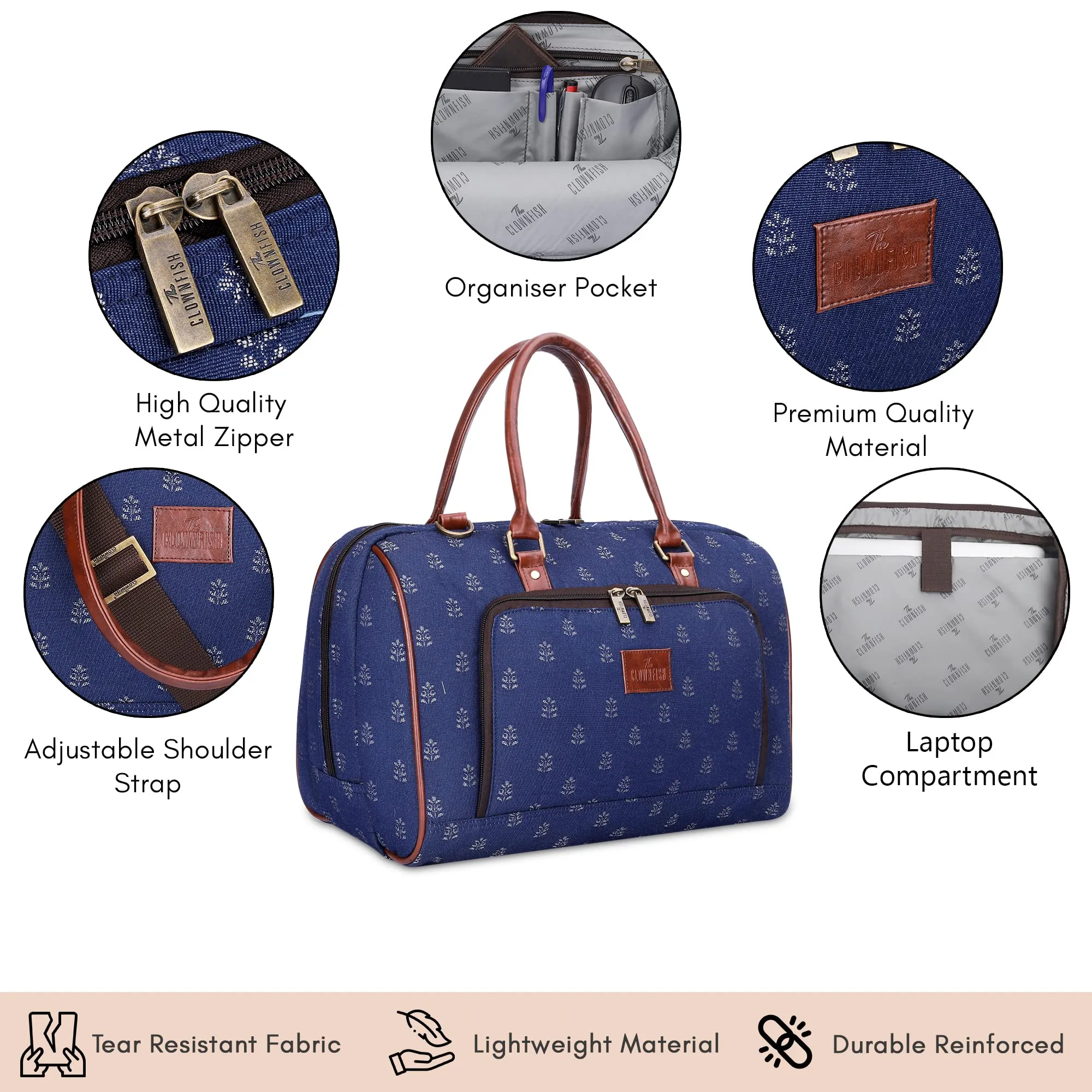 THE CLOWNFISH Fabric Oceania 28 Litres Tapestry Business Travel Duffle Carry-On Luggage Bag With 15.6 Inch Laptop Sleeve (Denim Blue), 24 Centimeters