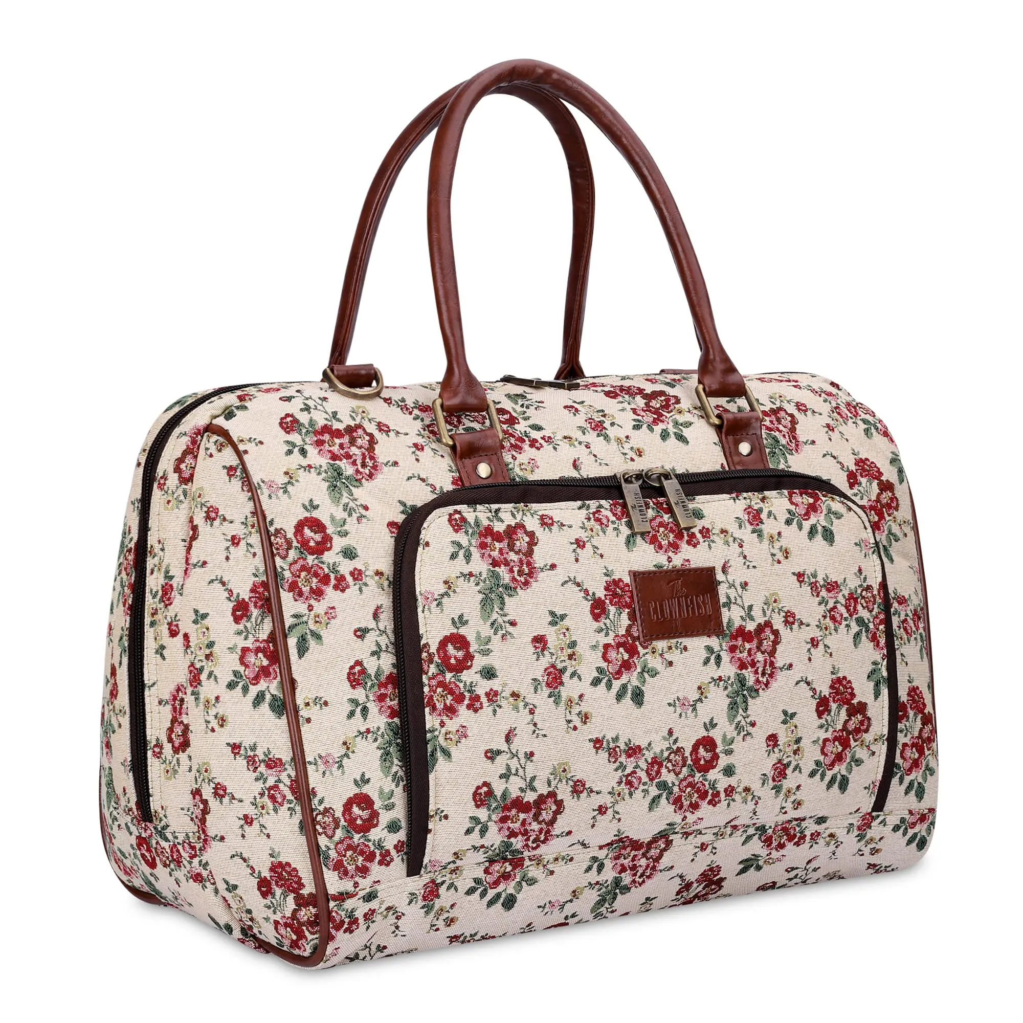 THE CLOWNFISH Fabric Oceania 28 Litres Tapestry Business Travel Duffle Carry-On Luggage Bag With 15.6 Inch Laptop Sleeve (White-Floral), 24 Centimeters